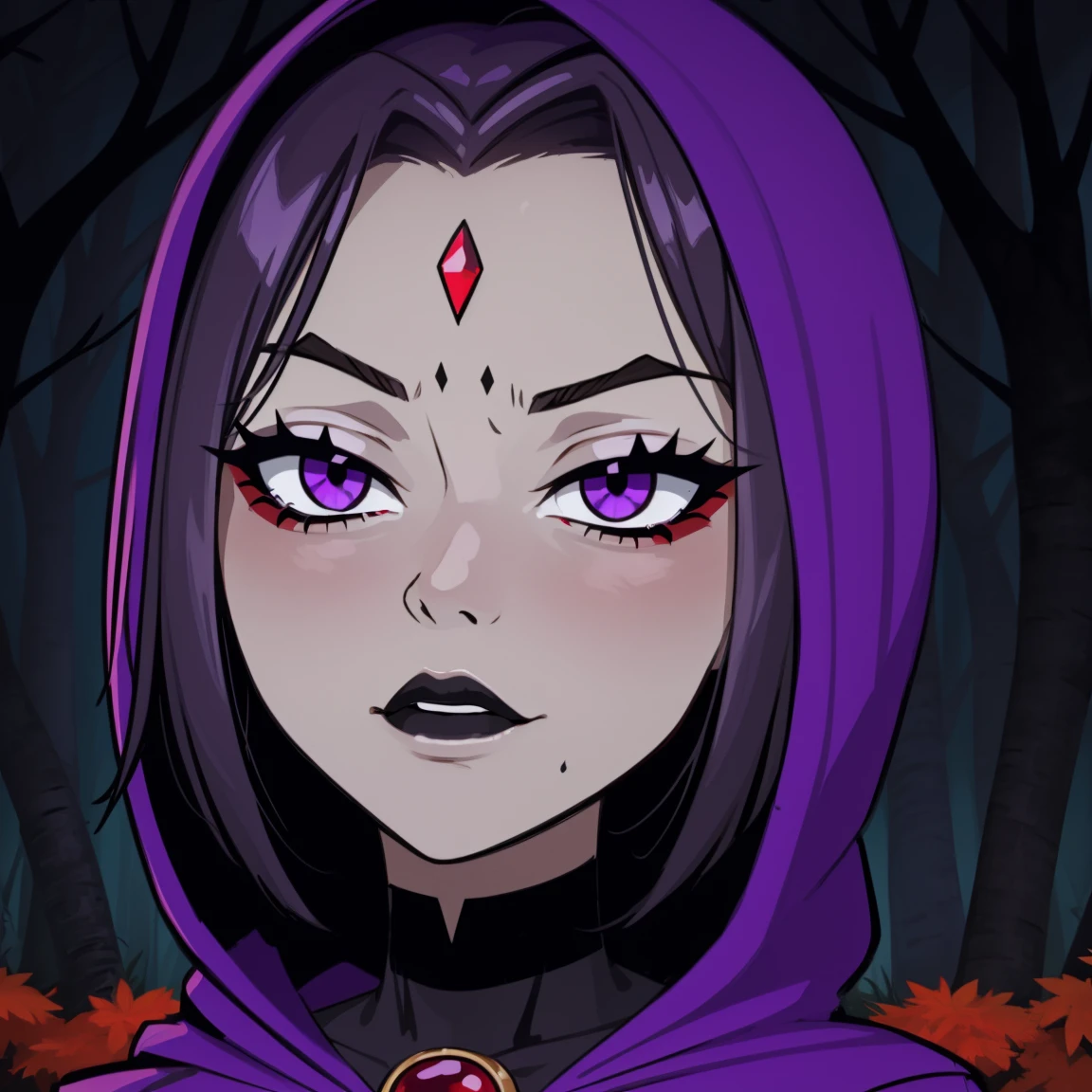 Raven, teen titans, hooded, goth girl, autumn forest background, detailed, detailed, detailed, beautiful, detail, goth girl, masterpiece, purple clothes, red jewel centre head, dark night background, gothic, goth, goth, detailed, goth girl, piercings, detailed face, looking viewer, raven, (Dark eye shadow) dark eye shadow, black eye shadow,
