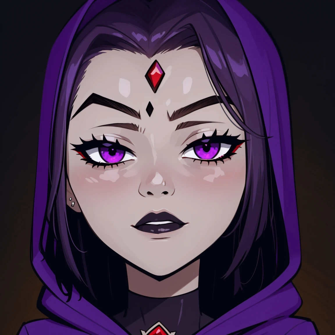 Raven, teen titans, hooded, goth girl, autumn forest background, detailed, detailed, detailed, beautiful, detail, goth girl, masterpiece, purple clothes, red jewel centre head, dark night background, gothic, goth, goth, detailed, goth girl, piercings, detailed face, looking viewer, raven, (Dark eye shadow) dark eye shadow, black eye shadow,