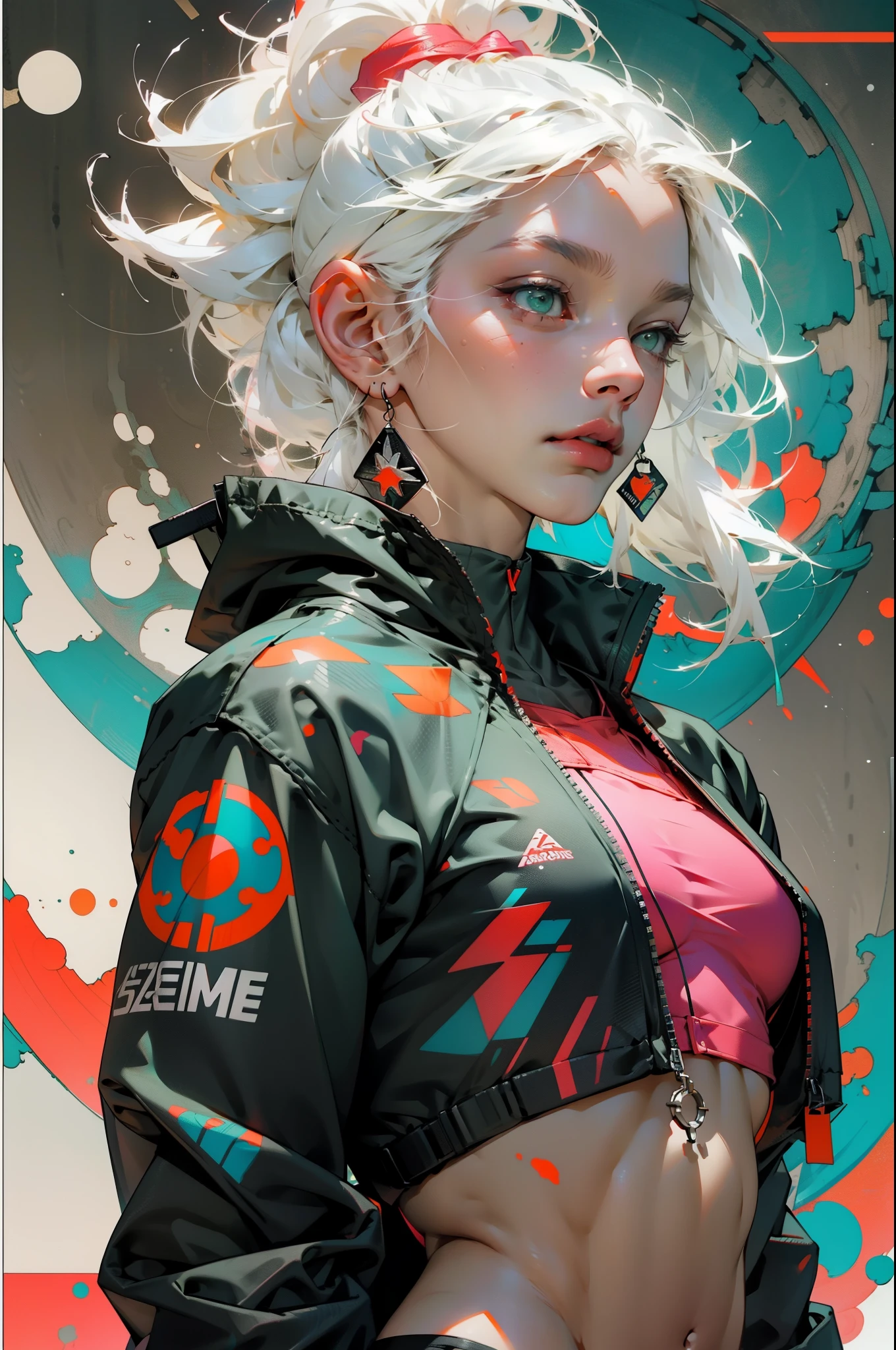 orange, pink, white, green, (white hair woman),tattoos, (techwear clothes:1.1),abstract lines and circles background