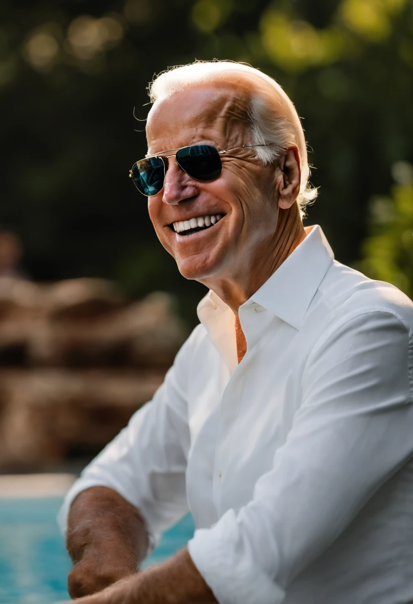 A photo of Joe Biden enjoying a relaxing spa day at a luxurious resort.,original, Joe Biden, the President of the United States, is typically seen in a suit and tie, often with a smile and aviator sunglasses, which have become somewhat of a trademark look for him. He has white hair, blue eyes, and is known for his friendly demeanor.