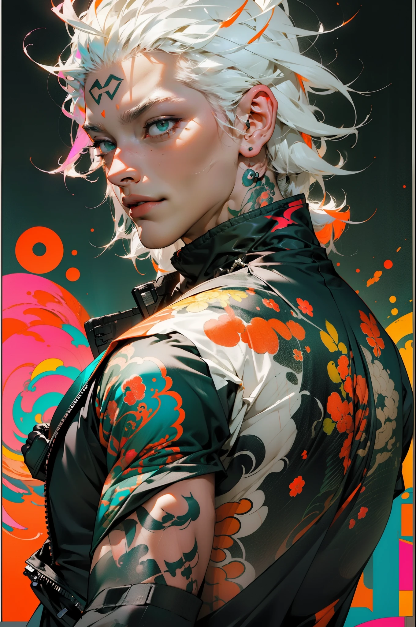orange colors,Pink big breasts,white colors,green color,(Man with white hair),Tattooed with,(techwear outfits:1.1),Abstract line and circle background