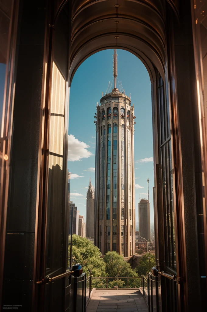 Clockwork Observatory in the Steampunk City:
Prompt: "Design a captivating steampunk-inspired cityscape featuring a wizard's tower integrated seamlessly into the mechanical heart of the metropolis. Highlight the tower's brass and copper walls, large glass windows, and a roof that resembles a rotating mechanism of interlocking gears."