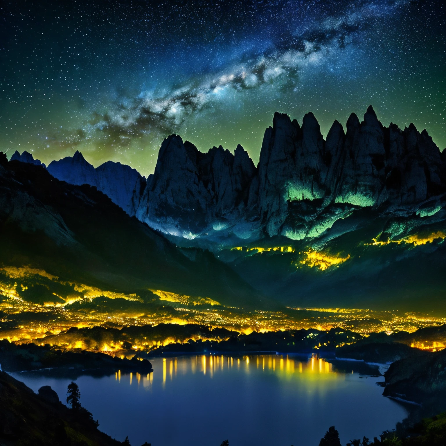 (best quality,highres,ultra-detailed),starry sky,crystal clear night,(vivid colors),sparkling stars,moonlit landscape,silhouettes of trees and mountains,serene atmosphere,(gentle breeze:1.1),soft moonlight casting shadows,peaceful stillness,reflection of stars on calm waters,distant twinkling lights,captivating beauty,surreal tranquility,magical night scenery,immersive darkness,astonishing starry spectacle,cosmic wonders,awe-inspiring universe