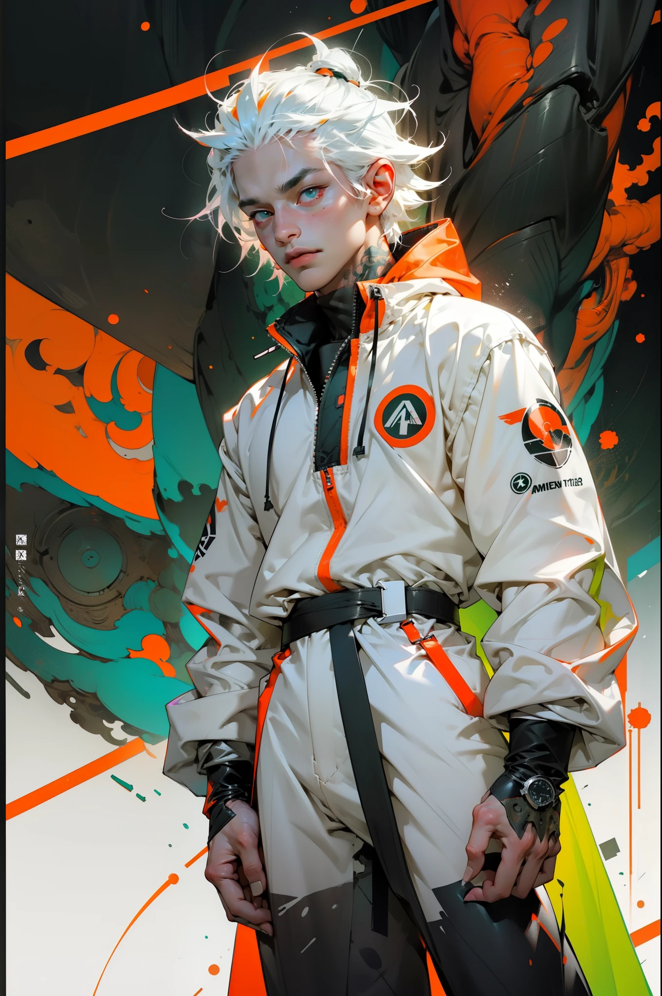 orange colors,Pink big breasts,white colors,green color,(Man with white hair),Tattooed with,(techwear outfits:1.1),Abstract line and circle background