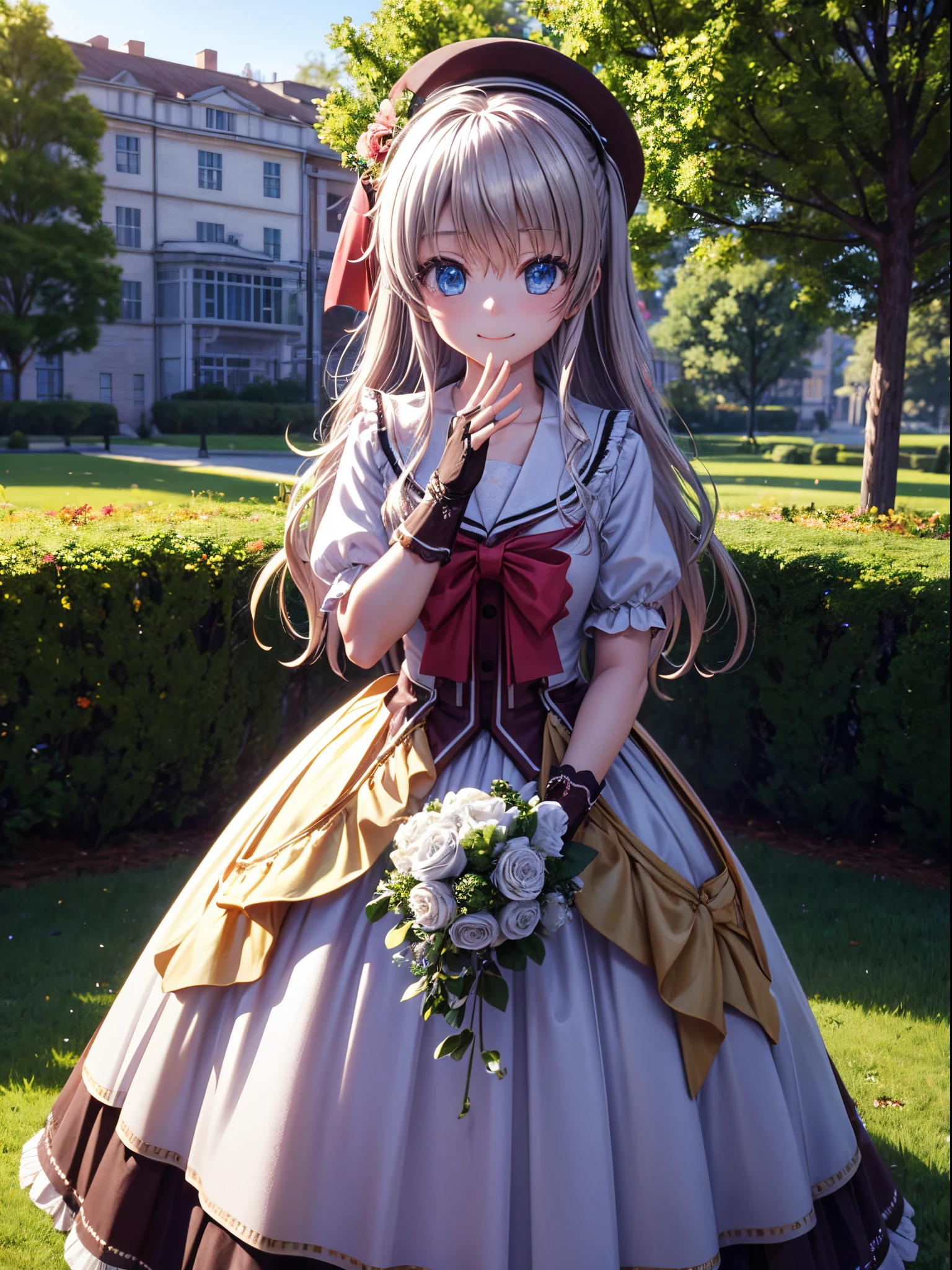 hight resolution, top-quality, ultra-quality,3D images、Tomori、3D images、A cute girl no matter who looks、A park with beautiful flowers、Highly detailed CG Unity 8k wallpaper, [3D images:0.15],Attractive eyes、[[A detailed eye、Colorful eyes、radiant eyes:1.15]], , The ultra-detailliert,Fine fingers、front-facing view、lighting like a movie、Nao Tomori、Absolute references、 a park、weddingdress、Wedding gloves up to the arm、robe blanche、A smile、long  skirt、Cowboy Shot