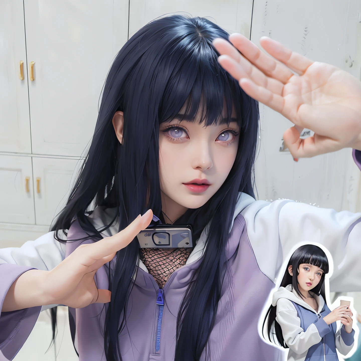 a close up of a person with long hair and a hoodie, hinata hyuga, hinata hyuga from naruto, from naruto, as an anime character, perfect anime face, she has dark blue hair with bangs, female anime character, anime character, anime best girl, hime cut hairstyle, dark blue hair, (red glossy lips:1.3), light purple eyes, big breasts, realistic, ultra detail, indoor background