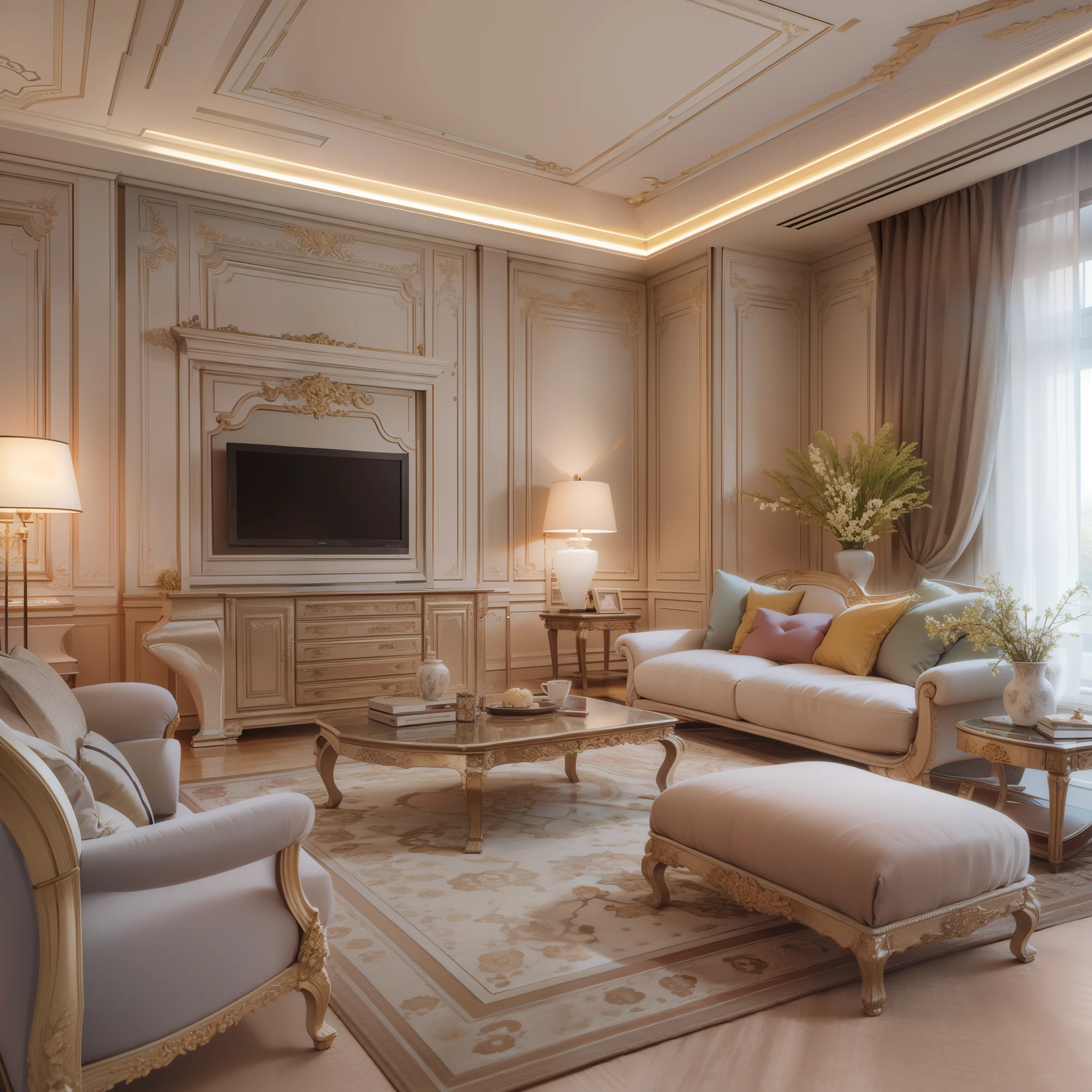 There is a living room with a sofa., Chair, Ottoman Empire and fireplace, fine furniture, Living room interior, living room interior design, in style of 3d render, Neo - Classic Style, Interior Living Room, interior design living room, Furniture and decoration, Cozy living room interior, High-quality 3D rendering, High-quality 3D rendering, Cozy contemporary living room,real,62k