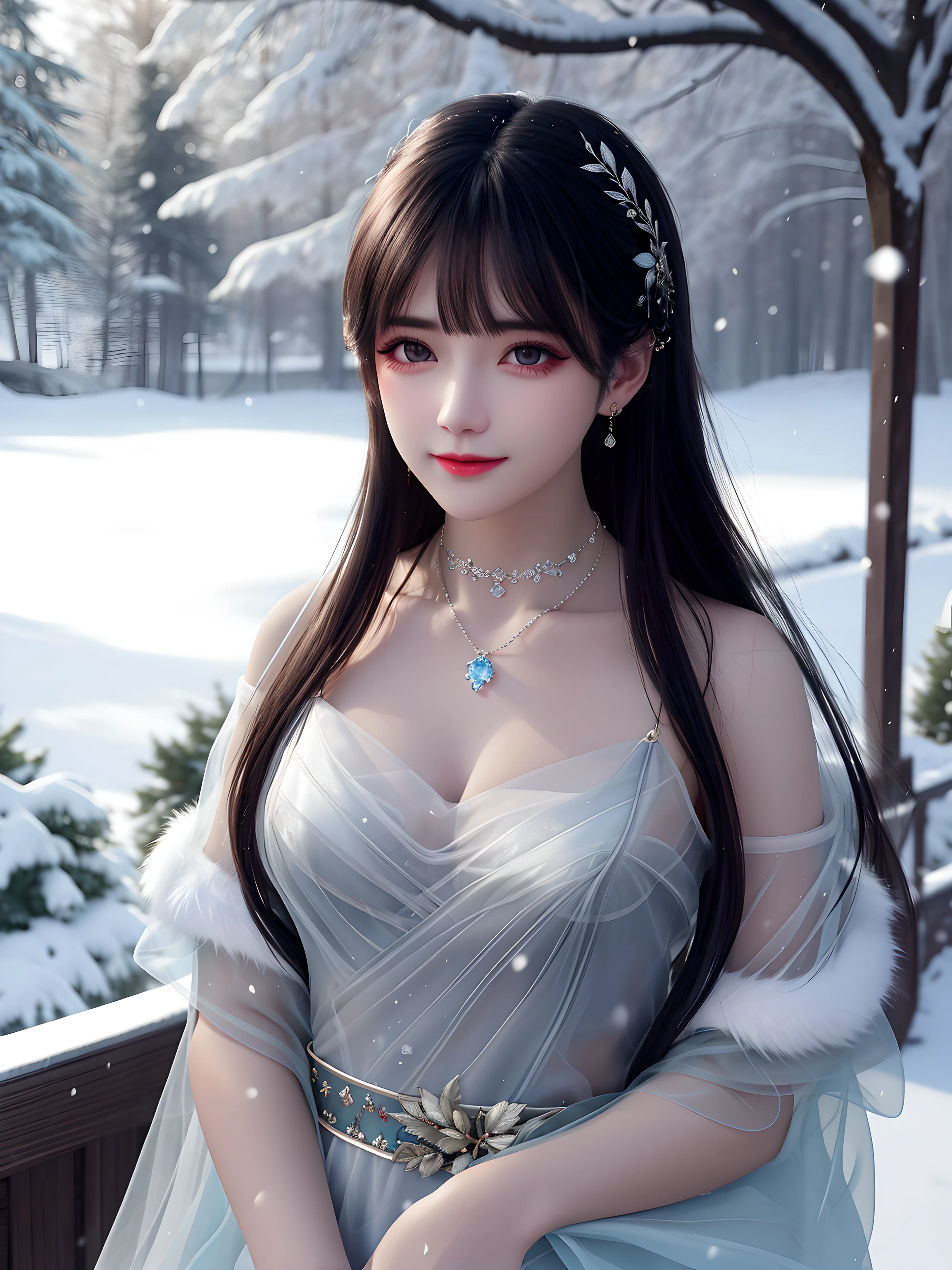 best qualityer，8K， tmasterpiece， A high resolution， 1girll， Clear silk porcelain dress， Fur coat， hair adornments， ssmile， Keep one's mouth shut， cparted lips，Large breasts，Shoulder， shift dresses， hair adornments， choker necklace， jewely， Chinese outfit， long whitr hair， 耳Nipple Ring， Detailed beautiful eyes， detailed eyelashes， beautiful  face，after sexing_Body，Slender and long legs， Tyndall effect，realisticlying， edge lit， twotonelighting，（highdetailskin：1.2）， 8K, Ultra HD， digital SLR camera， gentle illumination， high high quality， Volumetriclighting， Frankness， photore， A high resolution， Bokeh， at a forest， Falling snow， Winters， in the afternoon