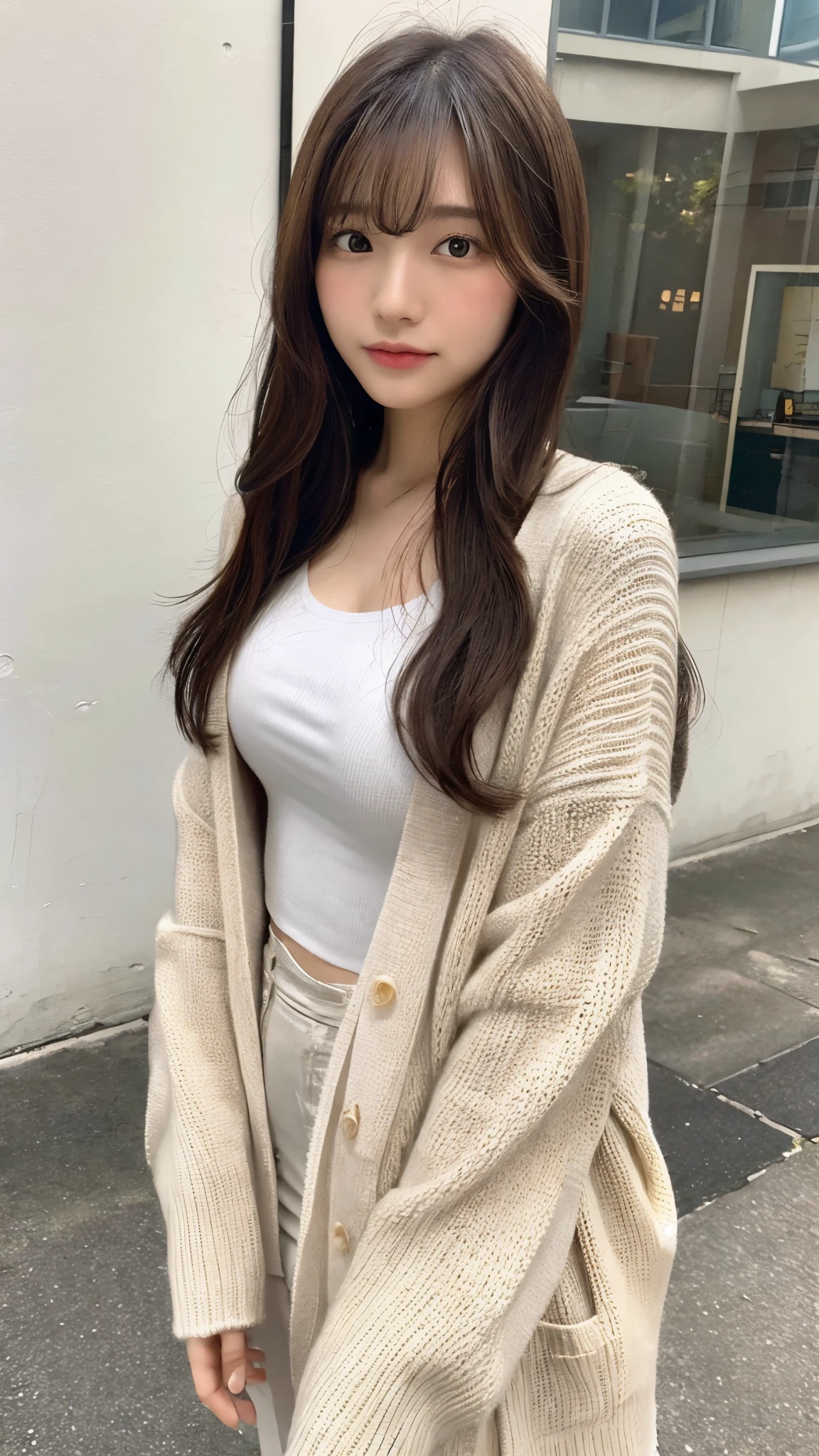 (top-quality、16K resolution)女の子1人、独奏、natural soft light、small tits、A Japanese Lady、Looking at the camera、white long sleeve knit cardigan、Concrete background、Facing the front、is standing、bobhair、Woman in her late teens、Light bangs、short-hair、Salon model、Natural look、portlate、floated hair、Rolled hair