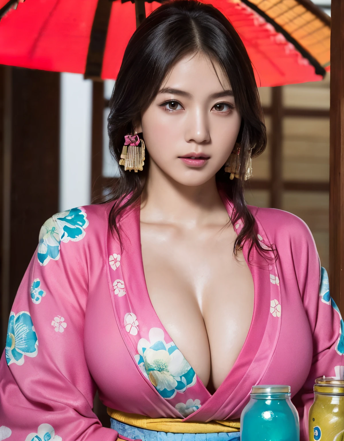 (top-quality、8K、32K、masterpiece、超A high resolution、((maikurobikini)),(Colossal tits)、(((cleavage of the breast))),((extremely heavy breasts)),(Login Hair)、abdominals、the perfect body、(((Armpit))),((oiran woman)), Delicate facial features, Ultra-realistic, Hyper-realistic, 鎖骨、Shadow、octan render、((maikurobikini)),((Wear a beautiful kimono with a high degree of exposure)),hyperdetailed face、Detailed lips、finely eye、二重まぶた、(魅惑的)、((agitation:1.5))、maikurobikini、((Navel))、((Female ninja)),Kunoichi Ninja、Mystical expression、shrine background、Old Town of Japan、((heavy breasts)),Toostock、mecosuji、Kimono with colorful floral pattern、highcontrast、(((Brightly colored kimono))),heavy breasts、((Glamorous Jar)).((Take a variety of sexy poses)),flicker、Kimono comes off、Natural light、cyan colors、