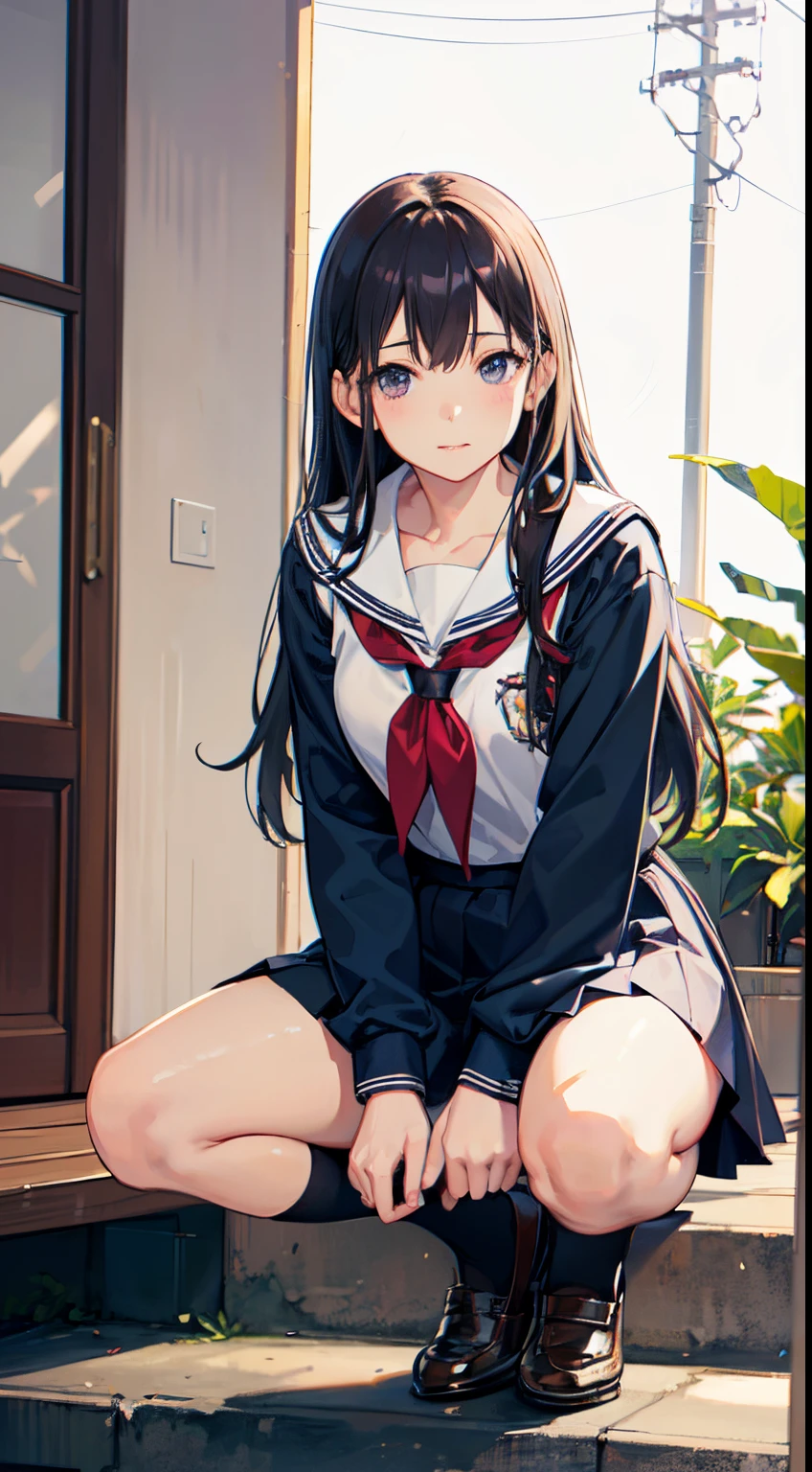 Arab asian woman sitting on stairs with hands on chin, Realistic Young Gravure Idol, a hyperrealistic schoolgirl, Young Pretty Gravure Idol, Young Gravure Idol, Cute Schoolgirl, a hyperrealistic schoolgirl, Young skinny gravure idol, Young Sensual Gravure Idol, japanese girl school uniform, beautiful anime high school girl, Japan school uniform、((top-quality)), ((​masterpiece)), (detaileds),