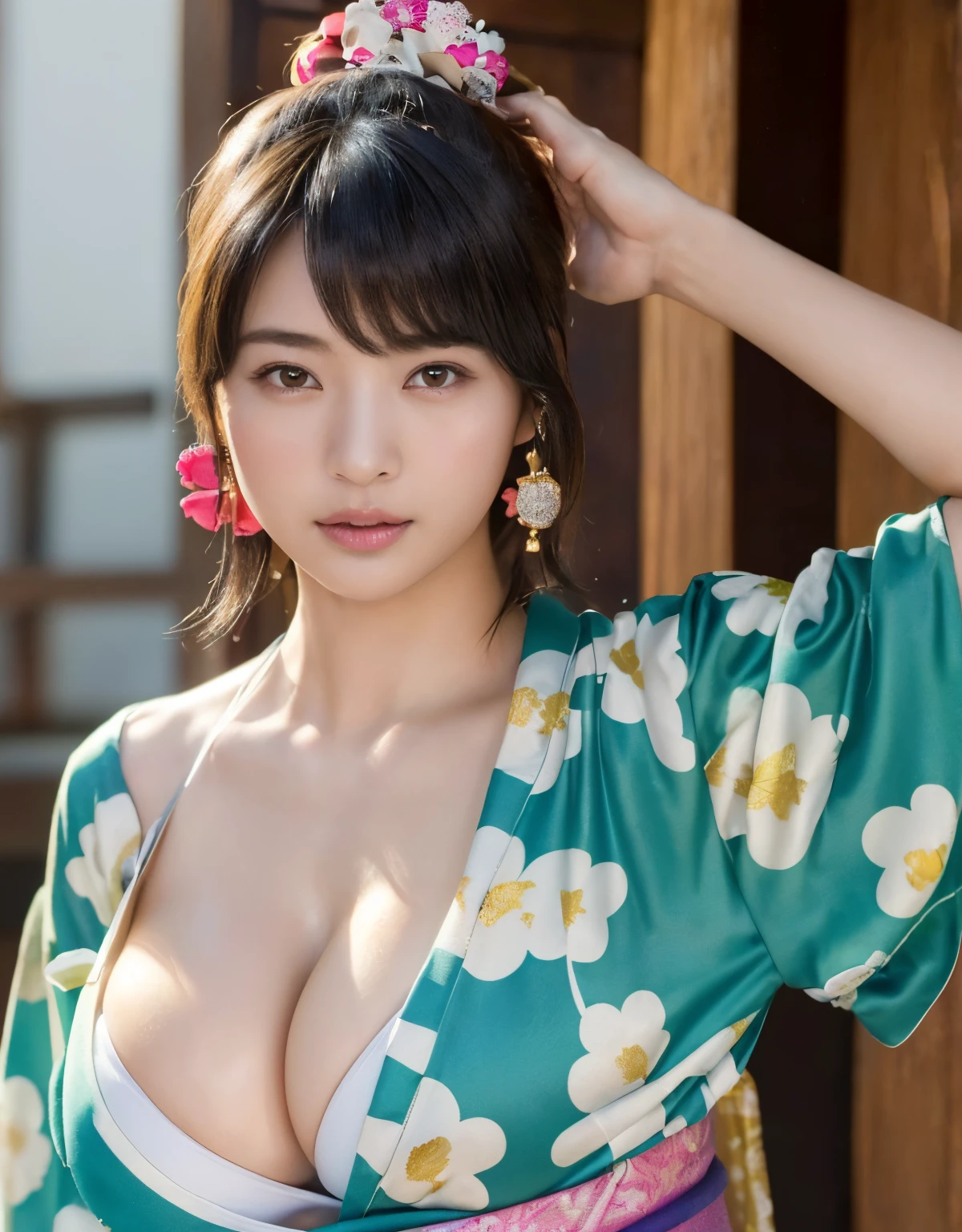 (top-quality、8K、32K、​masterpiece、超A high resolution、((maikurobikini)),(Colossal tits)、(((cleavage of the breast))),((extremely heavy breasts)),(Login Hair)、abdominals、the perfect body、(((Armpit))),((oiran woman)), Delicate facial features, Ultra-realistic, Hyper-realistic, 鎖骨、Shadow、octan render、((maikurobikini)),((Wear a beautiful kimono with a high degree of exposure)),hyperdetailed face、Detailed lips、finely eye、二重まぶた、(魅惑的)、((agitation:1.5))、maikurobikini、((Navel))、((Female ninja)),Kunoichi Ninja、Mystical expression、shrine background、Old Town of Japan、((heavy breasts)),Toostock、mecosuji、Kimono with colorful floral pattern、highcontrast、(((Brightly colored kimono))),heavy breasts、((Glamorous Jar)).((Take a variety of sexy poses)),flicker、Kimono comes off、Natural light、cyan colors、