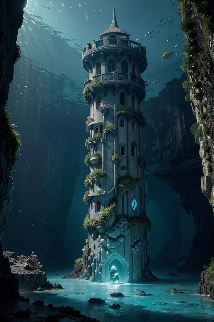 Bioluminescent Coral Tower in the Subaquatic Cavern:
Prompt: "Explore the enchanting depths of a subaquatic cavern where a wizard's tower stands, surrounded by bioluminescent coral. Create an underwater masterpiece showcasing the soft, radiant glow of the tower's walls, and emphasize the magical glass roof offering a view of the aquatic life above."