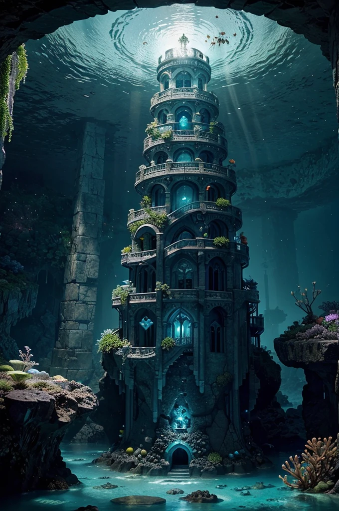 Bioluminescent Coral Tower in the Subaquatic Cavern:
        Prompt: "Explore the enchanting depths of a subaquatic cavern where a wizard's tower stands, surrounded by bioluminescent coral. Create an underwater masterpiece showcasing the soft, radiant glow of the tower's walls, and emphasize the magical glass roof offering a view of the aquatic life above."