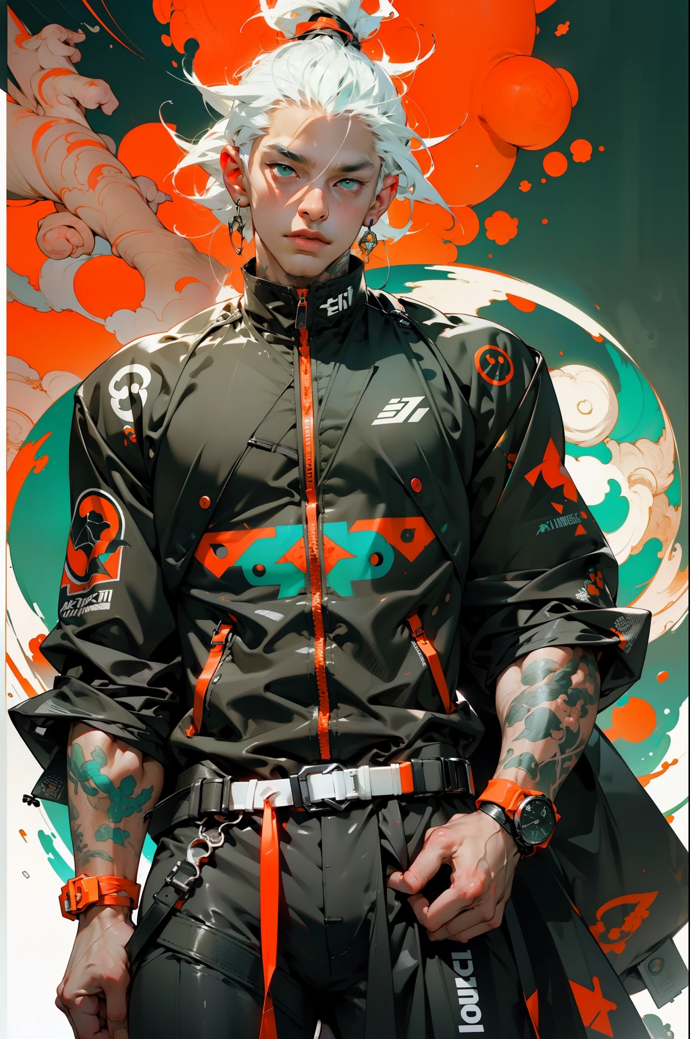 orange colors,pink big breasts,white colors,green color,(Man with white hair),Tattoos are,(techwear outfits:1.1),Abstract line and circle background