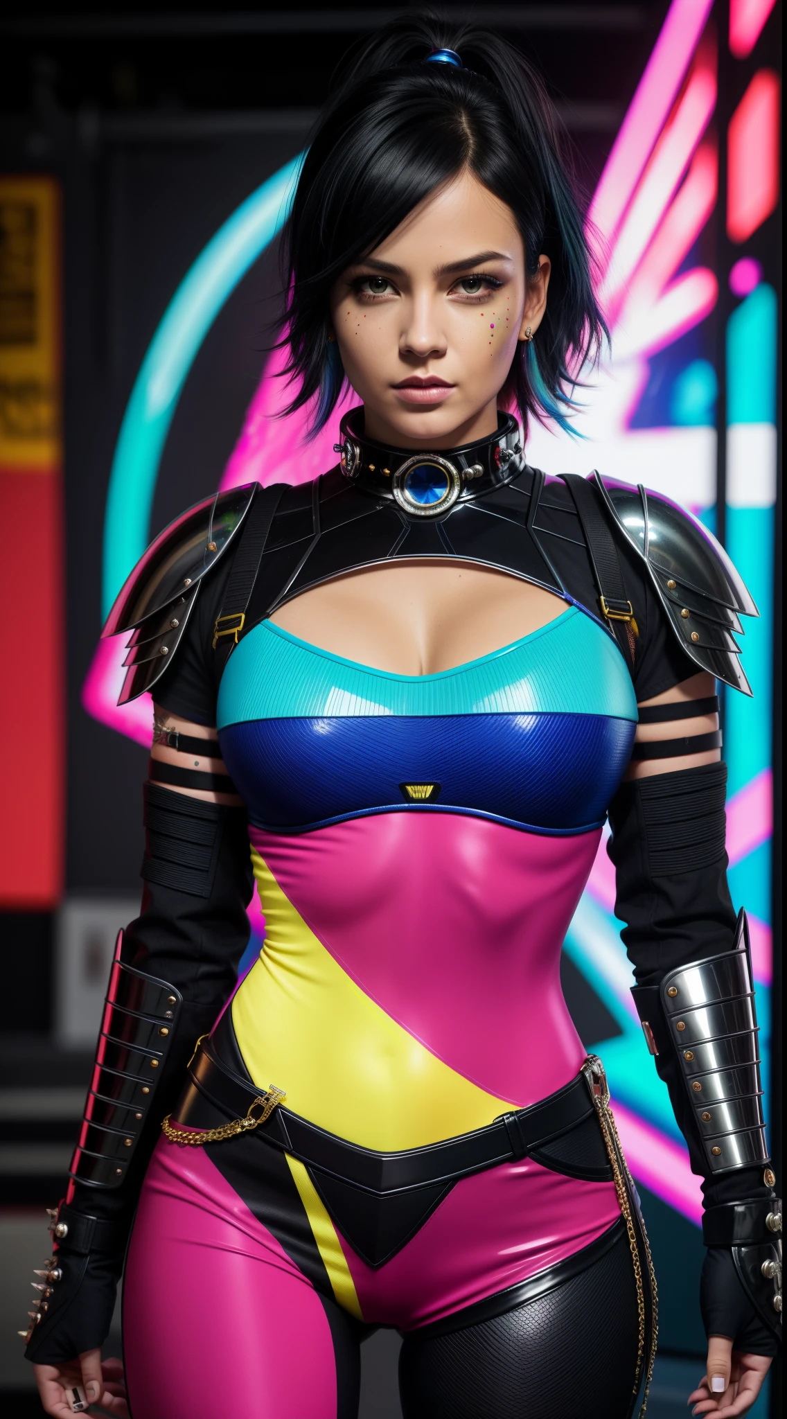 photo of woman, sexy, large breasts, punk, black hair, one side shaved head, ([Brie Larson:Britney Spears:Amber Heard]:0.85), [stanleylau style|uodenim style], armor suit, hips, sensual, shinny skin, oily skin, tattoos, close up, face focus, detailed face, lips, choker, jewelry, [(colorful explosion psychedelic paint colors:1.21)::0.2], garage, masterpiece, best quality, rainbow colors, colorful, high contrast, various poses