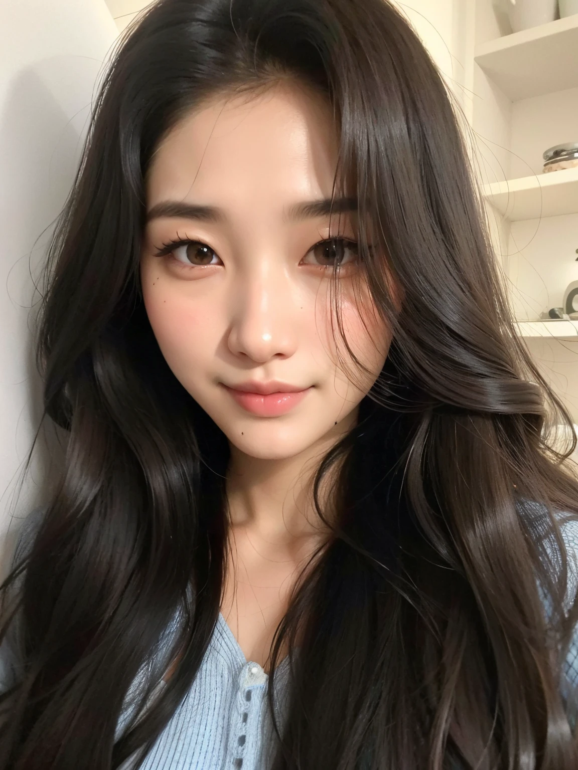 um close up de uma mulher com longos cabelos pretos e uma camisa azul, Jaeyeon Nam, Jinyoung Canela, Heonhwa Choe, Bae Suzy, Lee Ji - Eun, Lee Ji-eun, Hwang SE - EM, menina coreana, Mulher sul-coreana bonita, Parque Ji-min, wan adorable korean face, TaeJune Kim, Gongbi, foto de perfil headshot