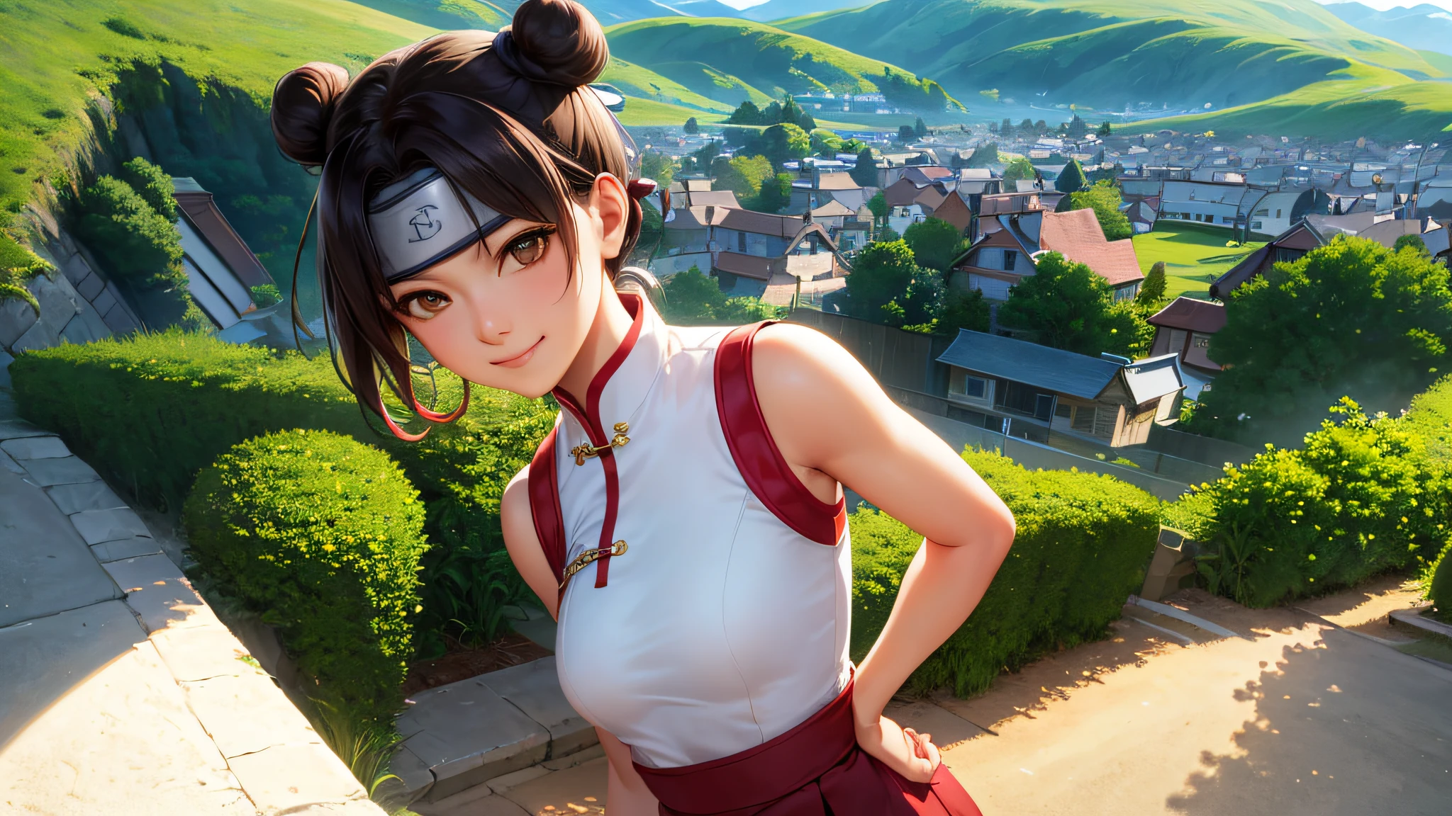 4k, 8k, best quality, ultra high res, (photorealistic:1.4),(masterpiece:1.2), best quality, masterpiece, highres, original, extremely detailed wallpaper, (ultra-detailed), (best illustration), (best shadow), (realism), realistic, solo, 1girl, tenten, double bun, cute, forehead protector, headband,  chinese clothes, white china dress, sleeveless, smile, hands on hips, looking at viewer, wind blowing, village, mountain,