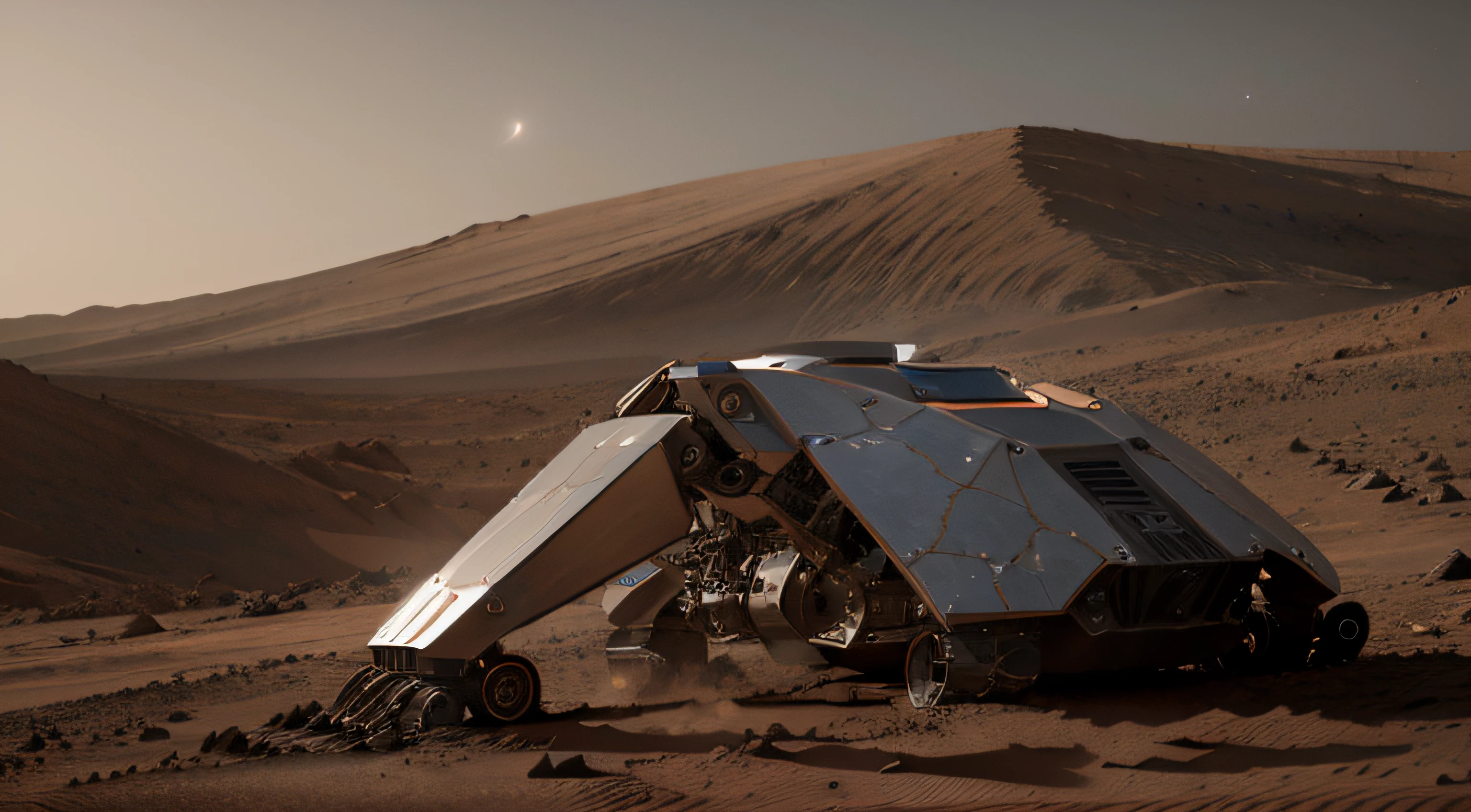 On Mars,Large cutting-edge robotic arm work。Metallic glossy texture,Staff distributed on Mars ground。droid、starrysky、Exploration vehicle details、super wide shot、High realism、lightand shade contrast、