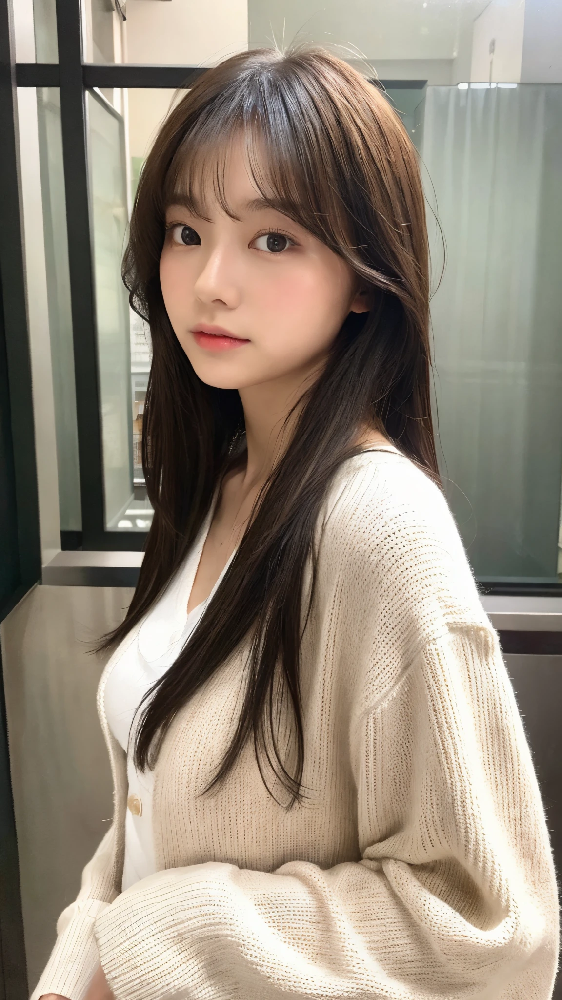 (top-quality、16K resolution)女の子1人、独奏、natural soft light、small tits、A Japanese Lady、Looking at the camera、white long sleeve knit cardigan、Concrete background、Facing the front、is standing、bobhair、Woman in her late teens、Light bangs、short-hair、Salon model、Natural look、portlate、floated hair、Rolled hair