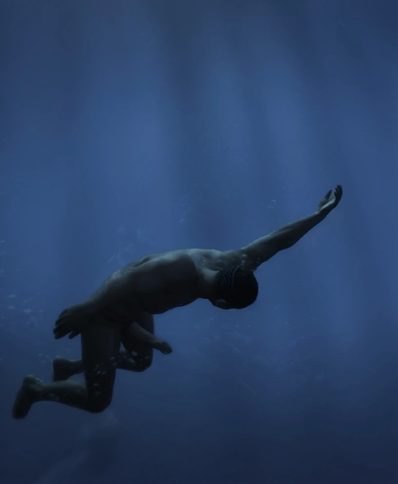 3D MAN, using speedo, musculosos, diving into the depths of the ocean 


