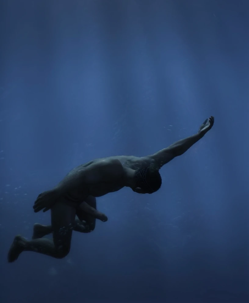 there is a naked black man sinking in the water, swimming deep underwater, thalassophobia, octane render aesethic, swimming underwater, swimming through the ocean, closeup cinematic aquatic scene, swimming in ocean, sinking underwater, stunning cinematography, floating under water, abzu, floating drowned, swimming to surface, body in water, drowning