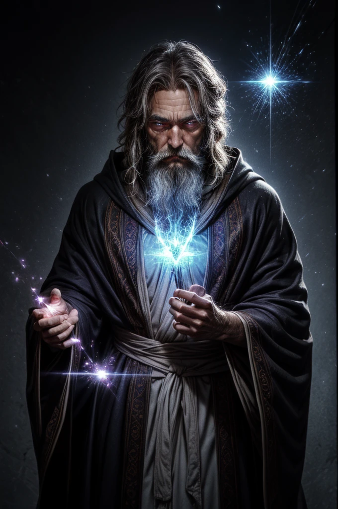 Elysian is a 42-year-old MAGE with dark, shaggy hair, flowing around your face in a chaotic manner. Your hair contains a magical spark, indicando sua afinidade com as energias arcanas. Elysian&#39;s deep eyes are intense violet in color, emanating a mystical aura.. His gaze is deep. Elysian ostenta uma barba por fazer, giving it a laid-back and intellectual appearance. The beard is marked by magical sparks, The wizard wears long mystical robes decorated with runic patterns. Esses adornos brilham com uma luz sutil, Elysian carrega um cajado intricadamente entalhado com cristais arcanos. Rings of magic are on Elysian&#39;s fingers. Uma aura de energia arcana envolve Elysian.