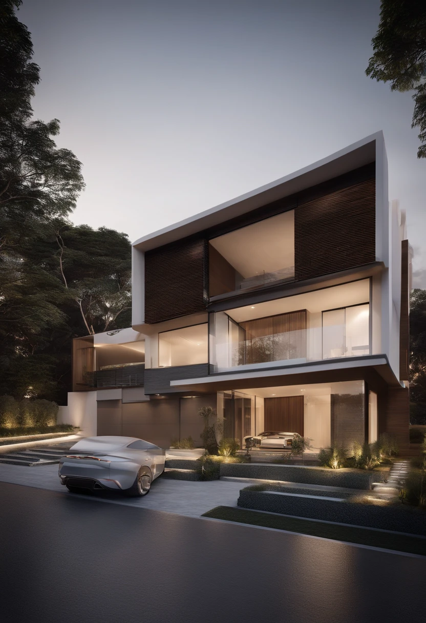 Vista arafed de uma casa moderna com um carro estacionado em frente, casa contemporanea, design exterior, Casa Conceito, casa moderna, arquitetura realista, architectural visualisation, overall architectural design, neotradicional moderno, architectural render, projeto residencial, uma casa, architectural 3 d render, design de arquitetura moderna, large modern residence, architectural render, moderno e minimalista, estilo realista