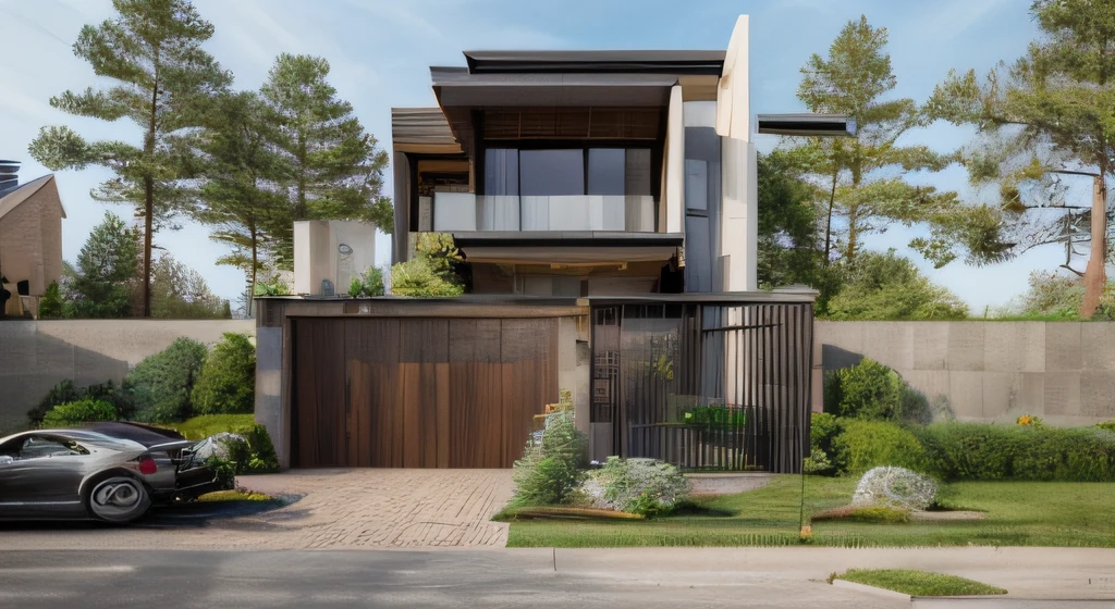 (masterpiece),(high quality), best quality, real,(realistic), super detailed, (full detail),(4k),8k,modern house exterior design,Modern architecture,Sandstone,whitewall,Beautiful_sky,Day light, no_humans, outdoors,sky,tree,Garden flower front of building,