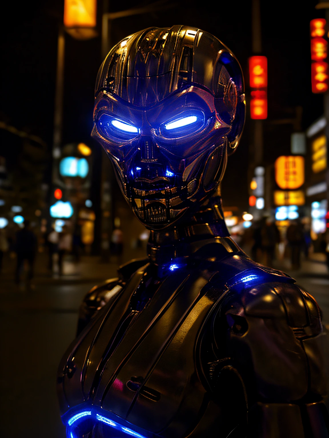 realistic, TX endoskeleton in tokyo, night time, clear lighting, (T-X Endoskeleton:1.2), detailed TX endoskeleton, chrome, ultrarealistic T-X, (deep focus1:0), sharp details, very high quality, photorealistic, ultra HD, 8K