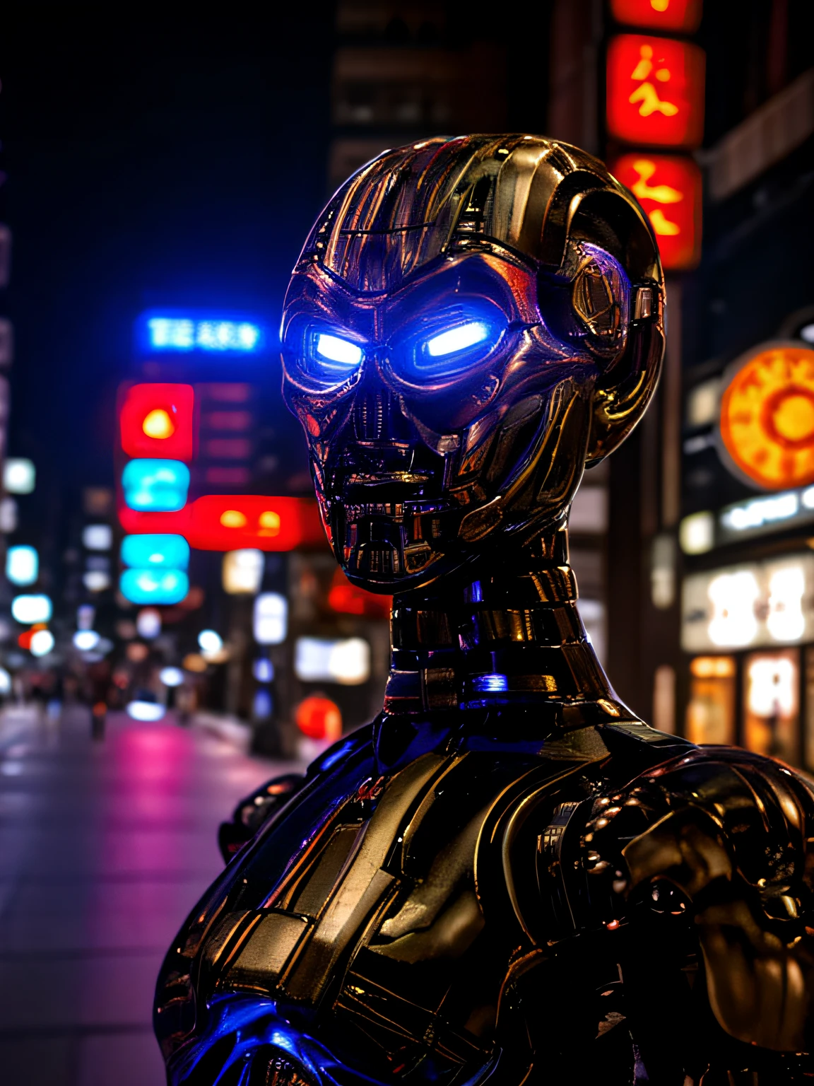 realistic, TX endoskeleton in tokyo, night time, clear lighting, (T-X Endoskeleton:1.2), detailed TX endoskeleton, chrome, ultrarealistic T-X, (deep focus1:0), sharp details, very high quality, photorealistic, ultra HD, 8K