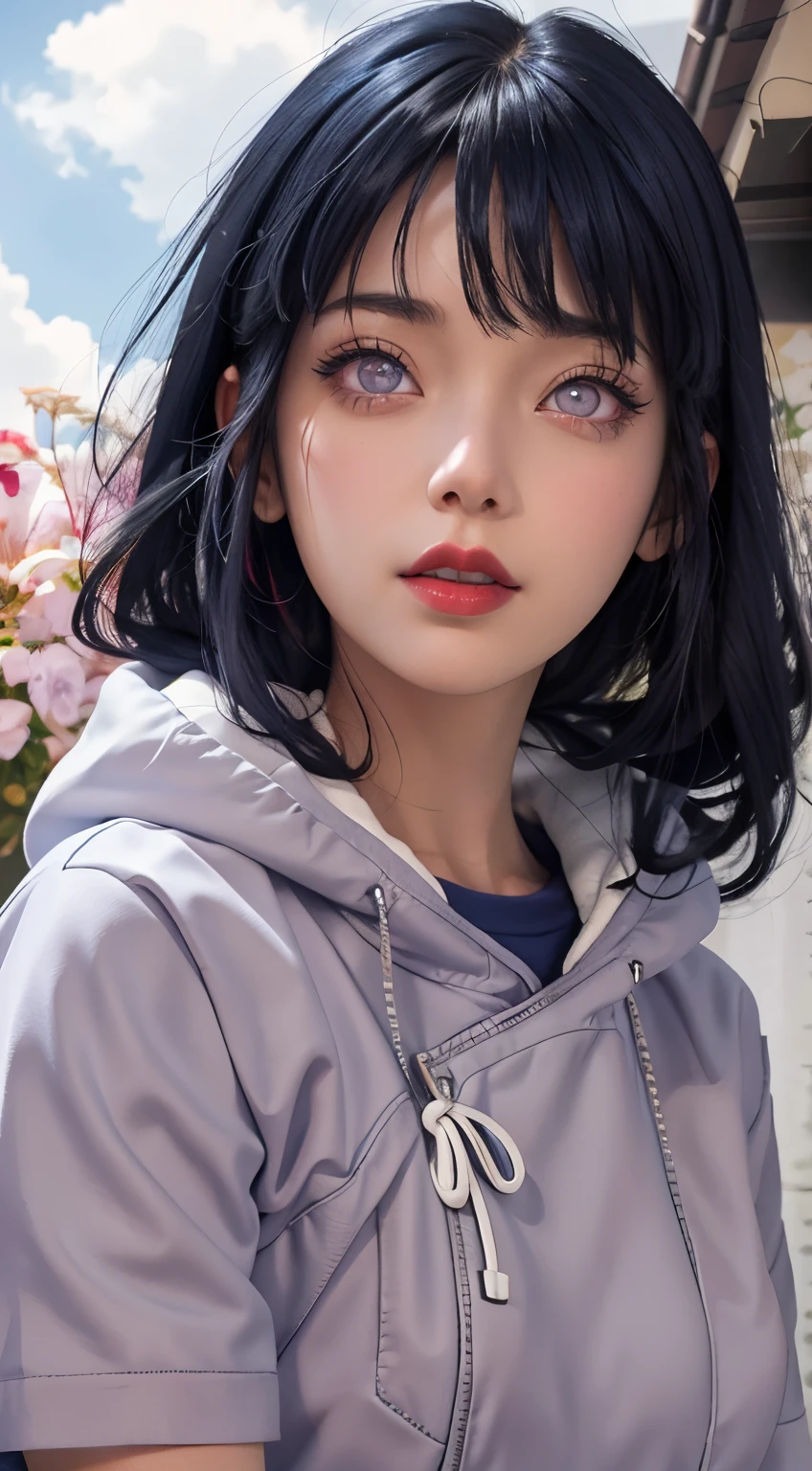 a close up of a person with long hair and a hoodie, hinata hyuga, hinata hyuga from naruto, from naruto, as an anime character, perfect anime face, she has dark blue hair with bangs, female anime character, anime character, anime best girl, hime cut hairstyle, dark blue hair, (red glossy lips:1.3), light purple eyes, big breasts, realistic, ultra detail, indoor background