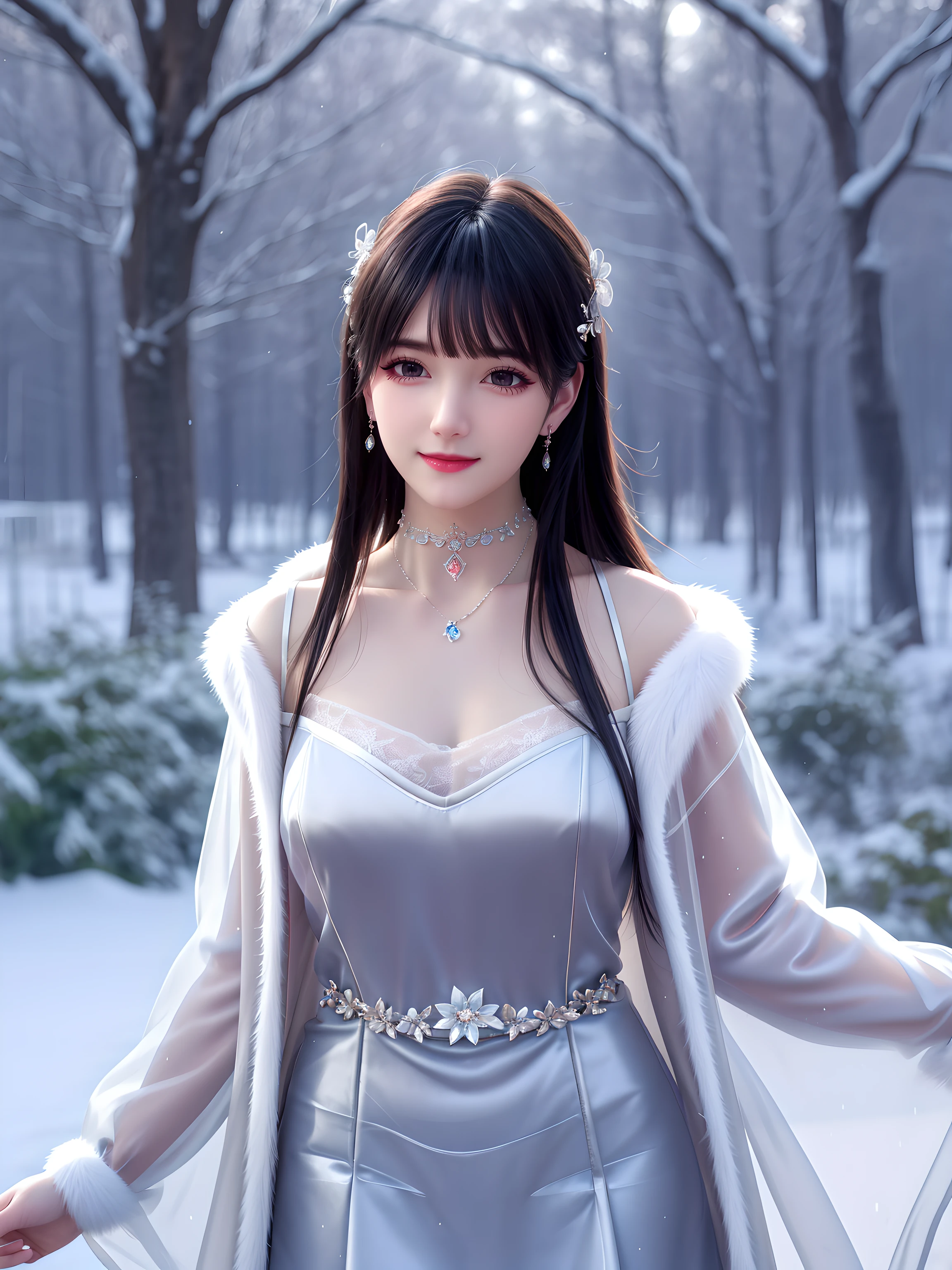 masterpiece、Highest quality、1 girl, winter, Cute girl、medium breasts, white dress, winter clothes, Fur coat、Small waist、Thin legs、outdoors, snow falling