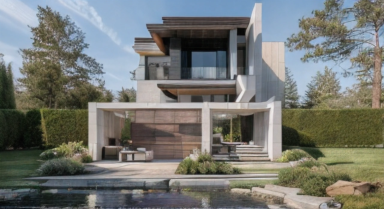 A close up of a house with a pond and a fountain - SeaArt AI