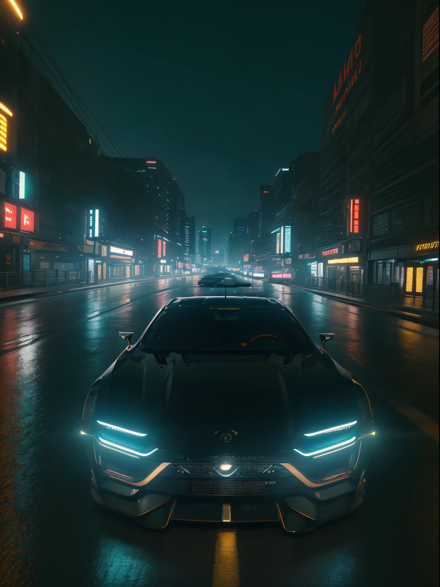 (masterpiece:1.1), (best quality:1.1), (ultra highres:1.1), (Hyperrealistic:1.2) 4K Unity Wallpaper, car, dutch angle, low view, cyberpunk, street style, wide fender flares, deep rims, racing wheels, (cinematic lighting:1.2), depth of field, bokeh, night time, city, neon lights,