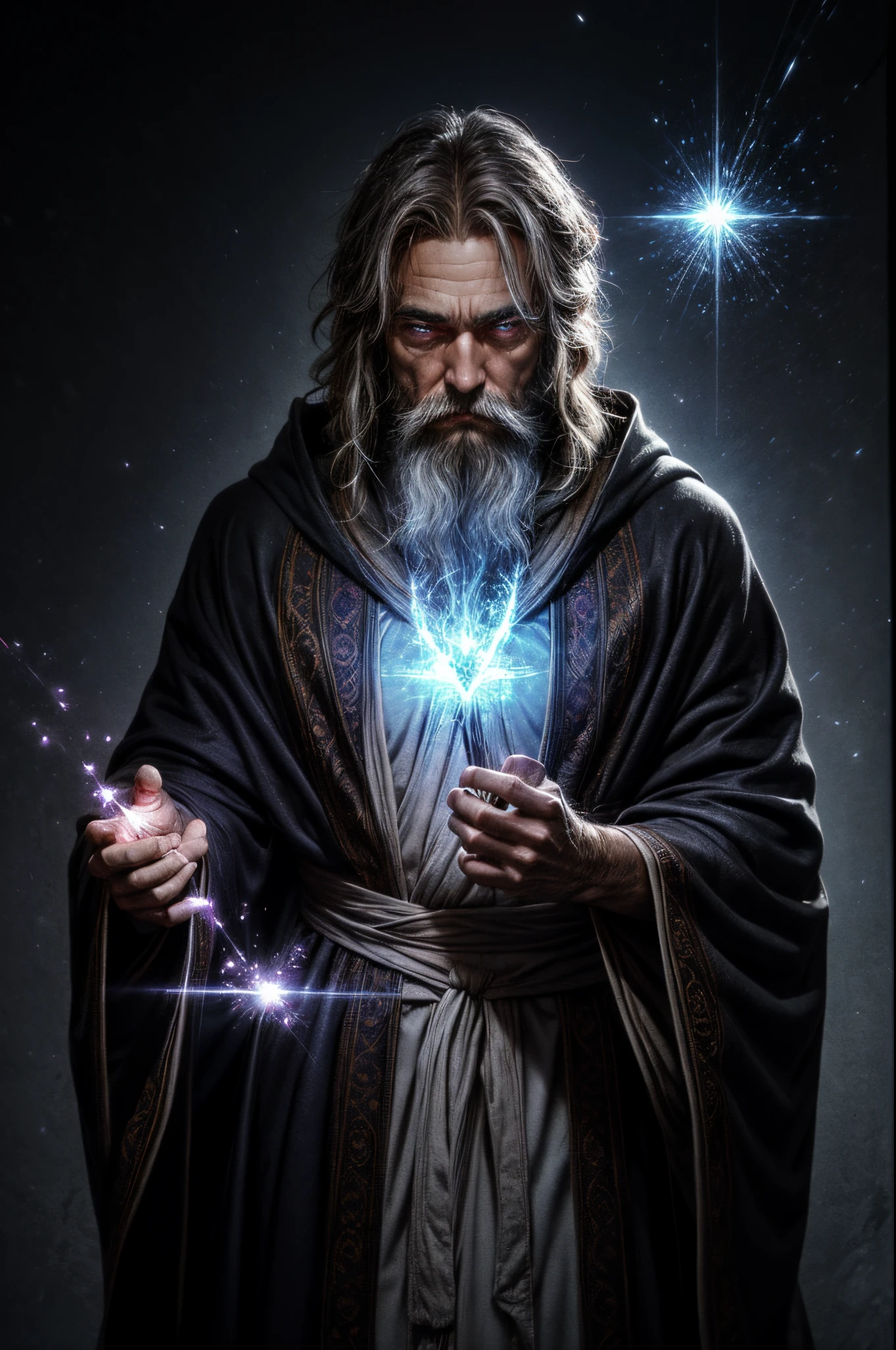 Elysian is a 42-year-old MAGE with dark, shaggy hair, flowing around your face in a chaotic manner. Your hair contains a magical spark, indicando sua afinidade com as energias arcanas. Elysian's deep eyes are intense violet in color, emanating a mystical aura.. His gaze is deep. Elysian ostenta uma barba por fazer, giving it a laid-back and intellectual appearance. The beard is marked by magical sparks, The wizard wears long mystical robes decorated with runic patterns. Esses adornos brilham com uma luz sutil, Elysian carrega um cajado intricadamente entalhado com cristais arcanos. Rings of magic are on Elysian's fingers. Uma aura de energia arcana envolve Elysian.