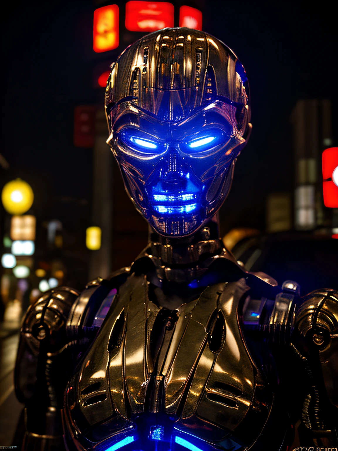 realistic, TX endoskeleton in tokyo, night time, clear lighting, (T-X Endoskeleton:1.2), detailed TX endoskeleton, chrome, ultrarealistic T-X, (deep focus1:0), sharp details, very high quality, photorealistic, ultra HD, 8K