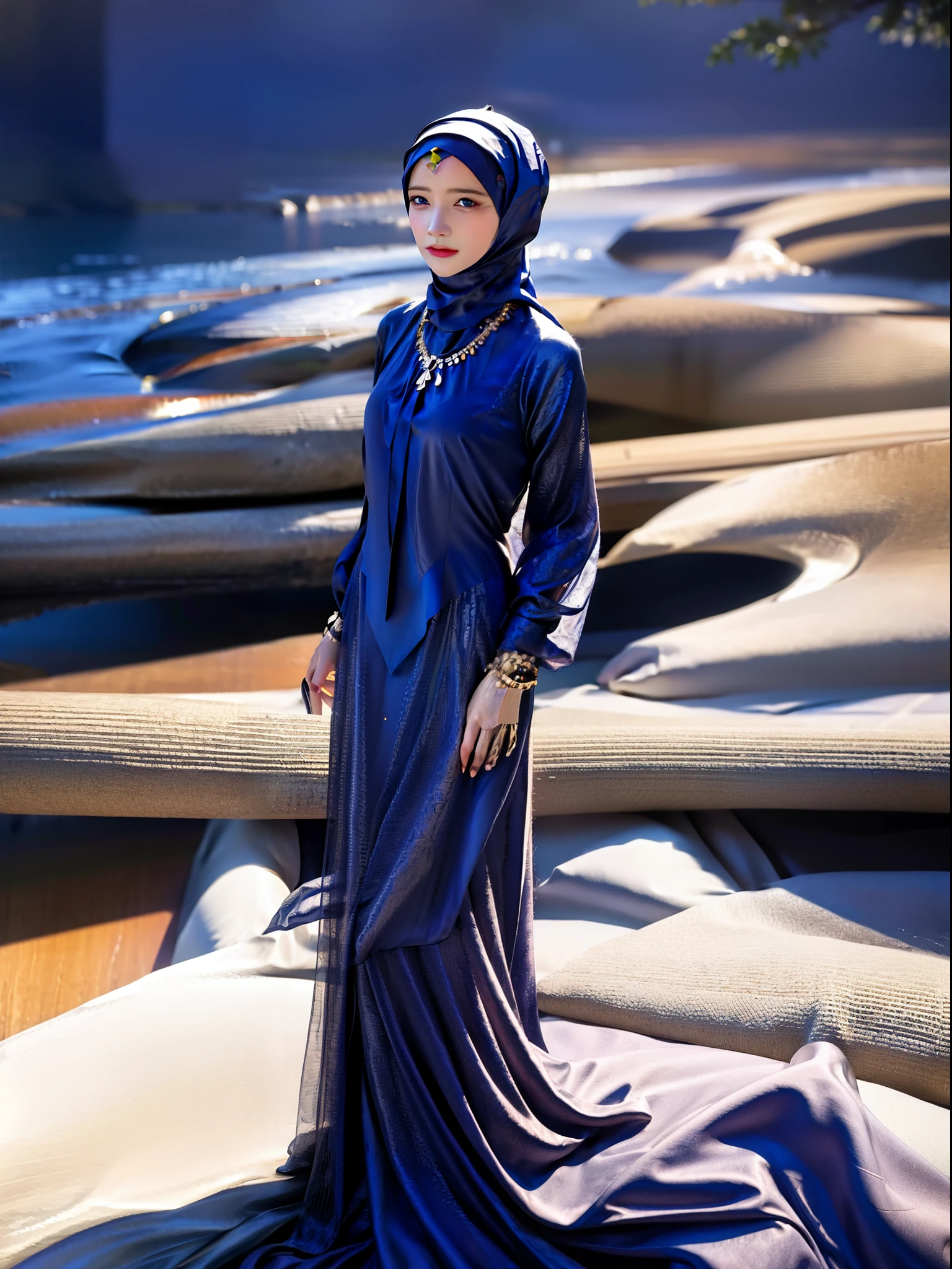 best quality, masterpiece, highres, moslem female dress, necklace, jewelry, Beautiful face, upon body, tyndall effect, photorealistic, dark studio, rim lighting, two tone lighting,(high detailed skin:1.2), 8k uhd, dslr, soft lighting, high quality, volumetric lighting, candid, Photograph, high resolution, 4k, 8k, Bokeh, (hyperrealistic girl), (illustration), (high resolution), (8K), (extremely detailed), (best illustration), (beautiful detailed eyes), (best quality), (ultra-detailed), (masterpiece), (wallpaper), (photorealistic), (natural light), (rim lighting), (detailed face), (high detailed realistic skin texture), (anatomically correct), (solo), (1 girl), (heterochromic eyes), (detailed eyes), (blue eyes:1.37), (sparkling eyes), (long legs), (big breasts), (dynamic pose), (closed tiny mouth:1.3), (concentrated expression), (wearing hijab:1.4), moslem headscarf