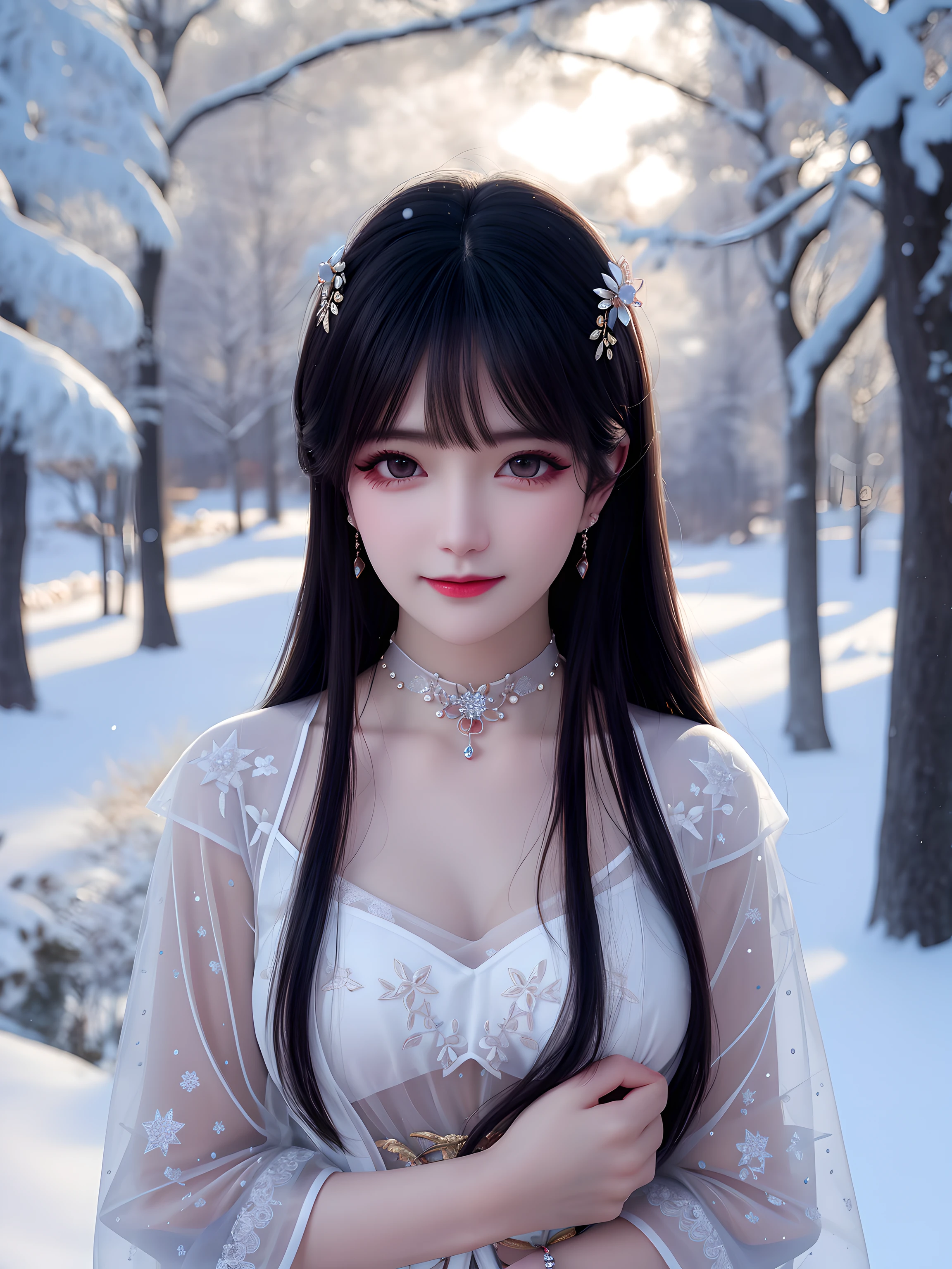 Best quality at best，8K， tmasterpiece， A high resolution， 1 busty girl， Transparent silk porcelain dress， Fur coat， hair adornments， ssmile， close your mouth， Open your lips，Large breasts，bshoulder， Straight dress， hair adornments， choker necklace， jewely， Chinese style， Long gray hair， ear nipple ring， Eyes are delicate and beautiful， detailed eyelash， Nice face，After gender is determined_body， dingdall effect，realistically， edge lit， twotonelighting，（highdetailskin：1.2）， 8K, hyper HD， digital SLR camera， gentlesoftlighting， high high quality， Volumetriclighting， Frankness， photore， A high resolution， bokeh， at a forest， Falling snow， Winters， in the afternoon