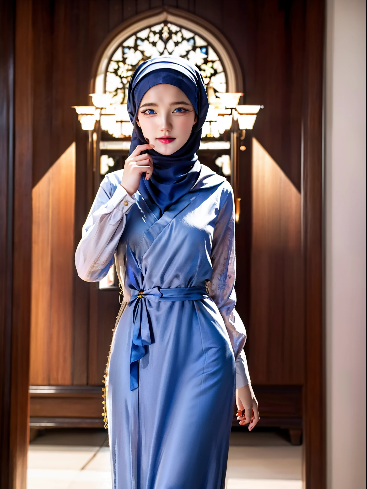 beautiful girl, wearing traditional baju kurung, ultra-detailed, detailed faces, detailed skins, 8k masterpieces, cinematic lighting, ((1girl)), ((solo)), firm push-up breasts, modest breasts, slim and slender body, long hijab, eid mubarak, in malay village house, half body, at the door