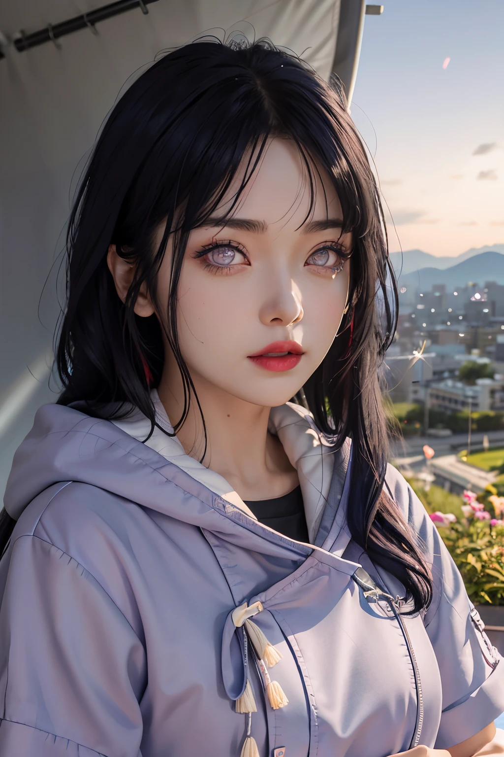 a close up of a person with long hair and a hoodie, hinata hyuga, hinata hyuga from naruto, from naruto, as an anime character, perfect anime face, she has dark blue hair with bangs, female anime character, anime character, anime best girl, hime cut hairstyle, dark blue hair, (red glossy lips:1.3), light purple eyes, big breasts, realistic, ultra detail, indoor background