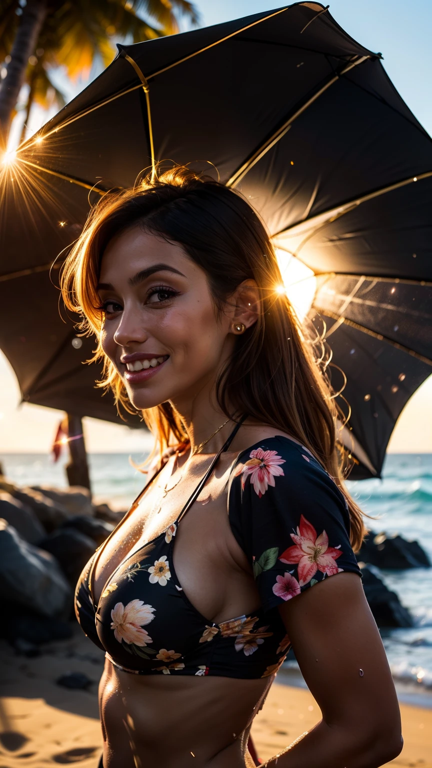 Floral bikini with beach floral shirt (breast), short dark hair, 42 years old woman, turning and looking at the camera, smile and ready to give you a kiss, she is standing in the ocean, light particles, wet look, golden hour, realistic, masterpiece, highest quality, lens flare, shade, bloom, [[chromatic aberration]], golden hour