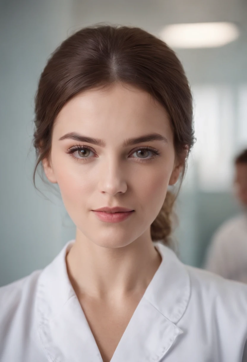 Cinematic portrait, ((medium close-up)), facing the audience, (Reality :1.4), a woman looking into the camera, female nurse, nurse costume, detailed beautiful face, action shot, hospital background, daytime, photo realistic, CG, art station, masterpiece, HD photography