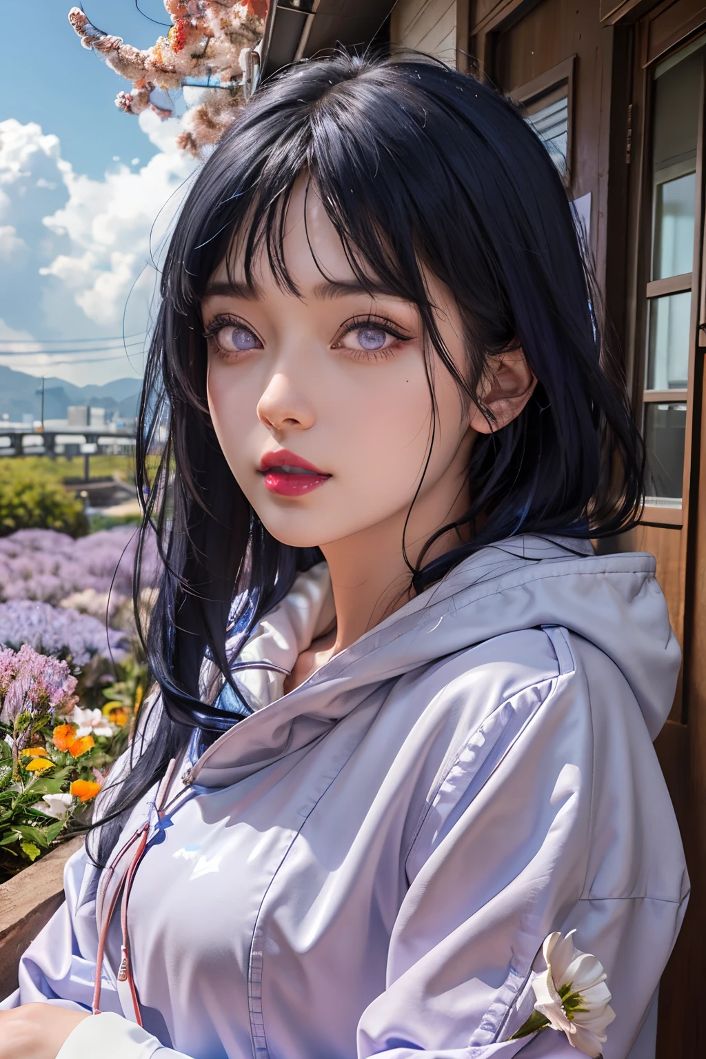a close up of a person with long hair and a hoodie, hinata hyuga, hinata hyuga from naruto, from naruto, as an anime character, perfect anime face, she has dark blue hair with bangs, female anime character, anime character, anime best girl, hime cut hairstyle, dark blue hair, (red glossy lips:1.3), light purple eyes, big breasts, realistic, ultra detail, indoor background