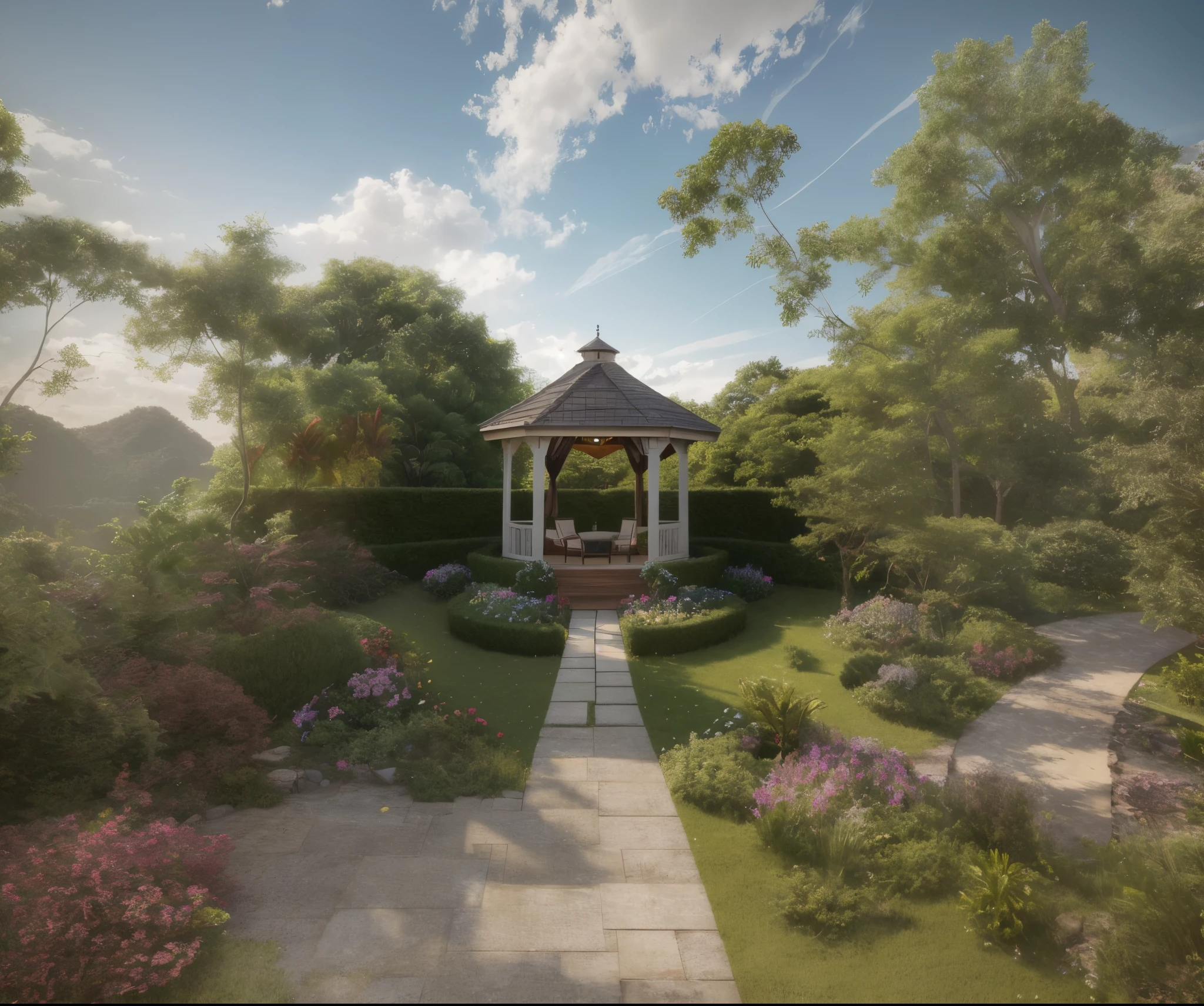 tem um mirante no meio de um jardim com um banco, octagon render 8k, Gazebos, a photorealistic rendering, incrivelmente detalhado, renderizado em vray, Photorealistic rendering, highly detailed render, beautifully detailed render, renderizado em corona, imaculadamente detalhado, Detalhe requintado, renderizado em povray, Cena realista, um hiper realista