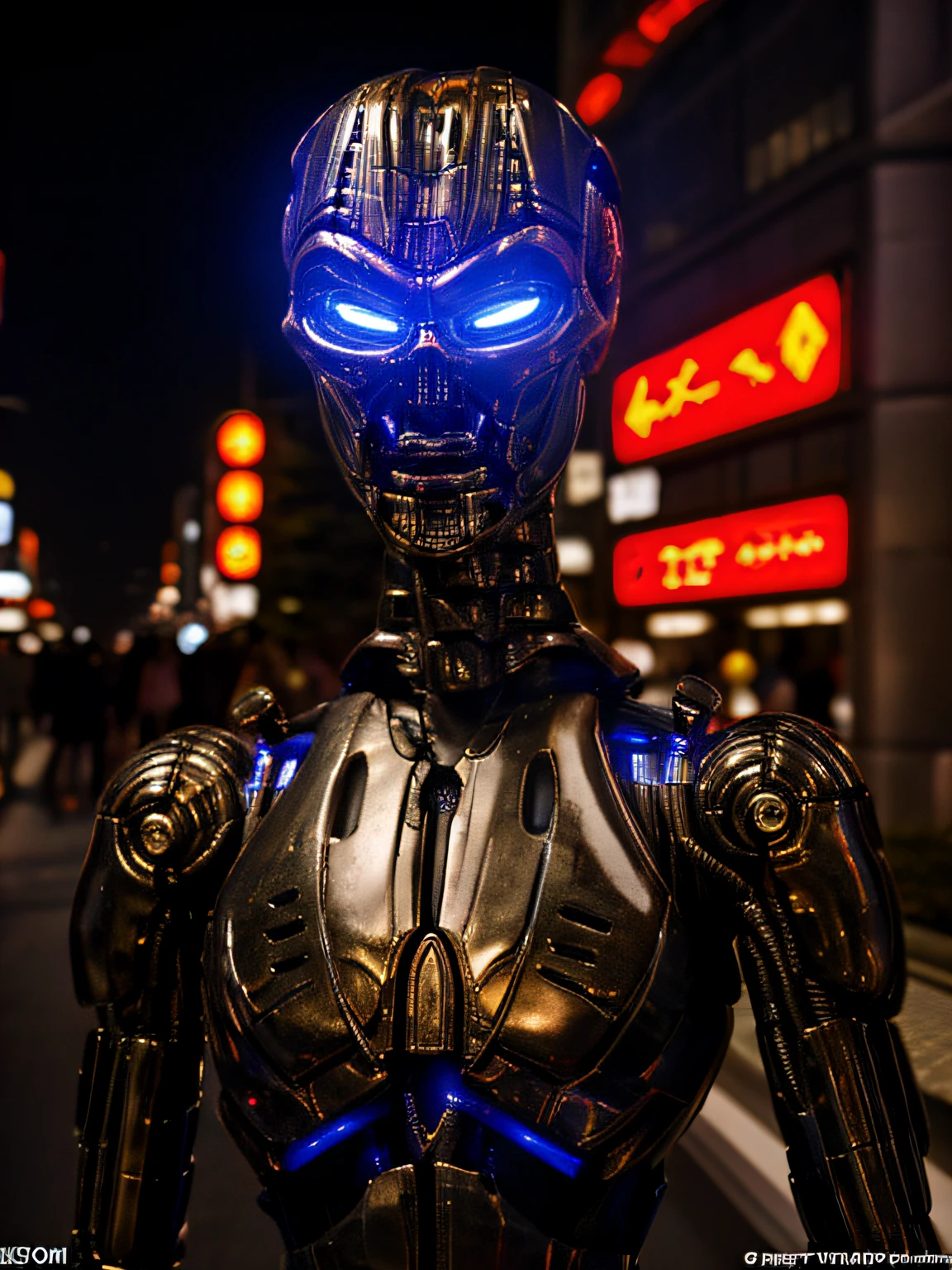 realistic, TX endoskeleton in tokyo, night time, cinematic lighting, (T-X Endoskeleton:1.2), detailed TX endoskeleton, chrome, ultrarealistic T-X, (deep focus1:0), sharp details, very high quality, photorealistic, ultra HD, 8K