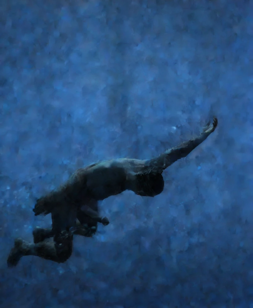 there is a naked black man sinking in the water, swimming deep underwater, thalassophobia, octane render aesethic, swimming underwater, swimming through the ocean, closeup cinematic aquatic scene, swimming in ocean, sinking underwater, stunning cinematography, floating under water, abzu, floating drowned, swimming to surface, body in water, drowning