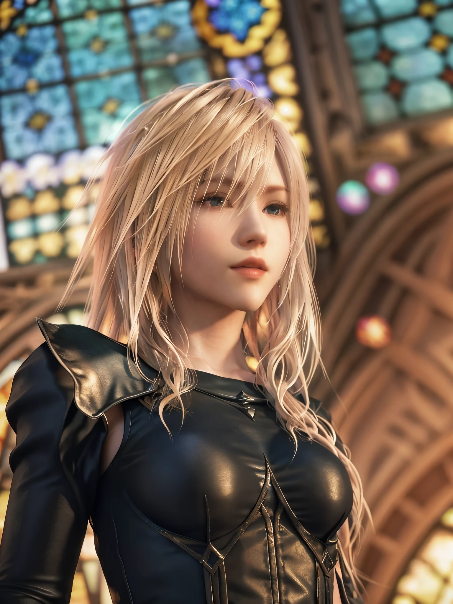 blond woman in black top posing in front of stained glass window, beautiful blonde girl,HD, (Best Detail), (Best Quality), Final Fantasy, Relic, Joy, Masterpiece, Best Quality, High Resolution, ((blonde))