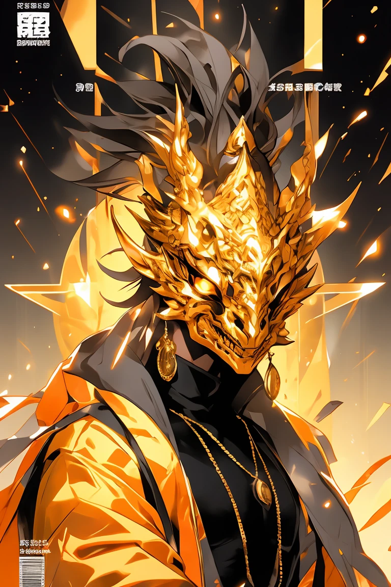 Magazine cover BREAK
Henshin, solo, looking_at_viewer, black_hair, 1boy, jewelry, yellow_eyes, upper_body, male_focus, earrings, hand_up, grey_background, necklace, fingernails, orange_eyes, mask, turtleneck, chain, ring, dragon, multiple_rings, ultra realistic,32k,RAW photo,(high detailed skin:1.2), 8k uhd, dslr, soft lighting, high quality, film grain