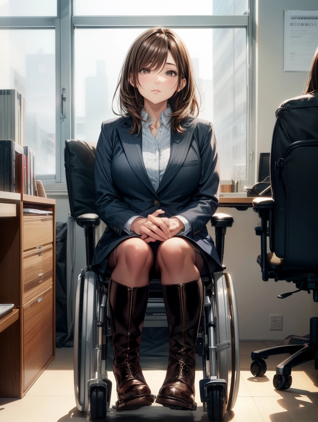 1人の女性、Best Quality, masutepiece, Beautiful mature、Beautiful face、Strong-minded woman、Being in a wheelchair、Office Suits、long boots、brown haired、Brown-eyed、Bob Hair、40 years、adult lady、Full body like、